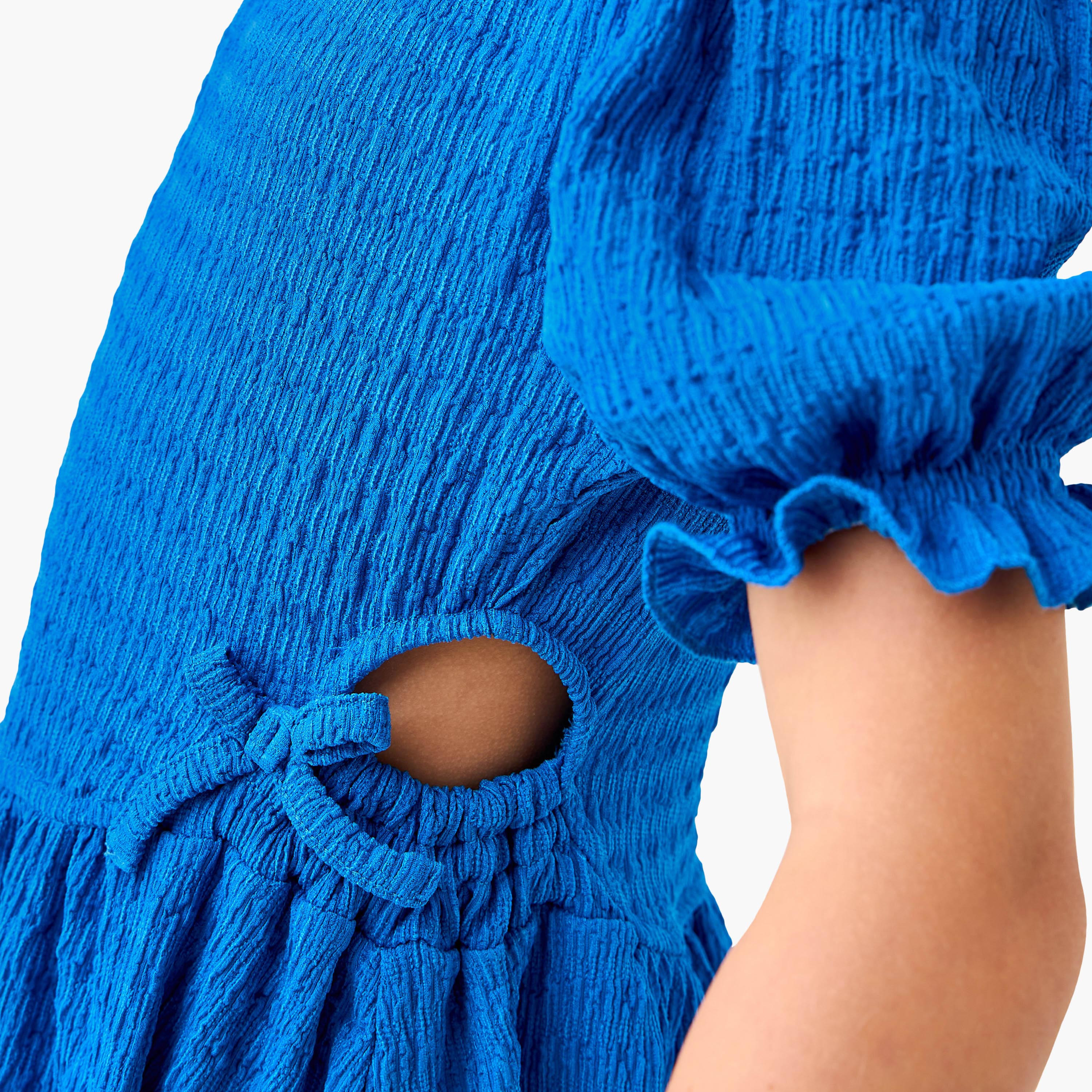 Juniors Textured A-line Dress with Round Neck and Cutout Detail-girls-clothing-dressesandjumpsuits-image-4