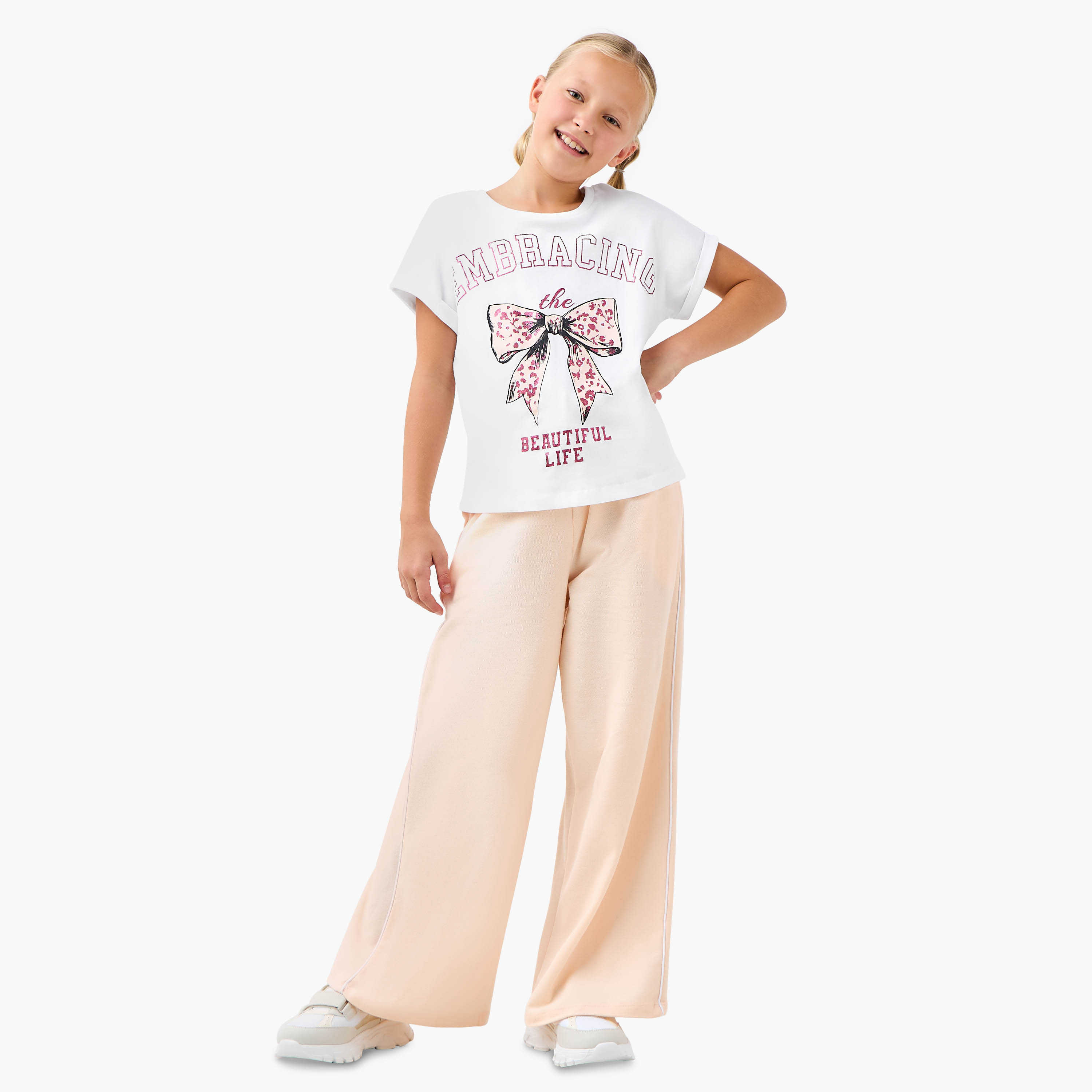 Juniors Printed T-shirt and Wide Leg Pants Set-girls-clothing-setsandcoords-image-1