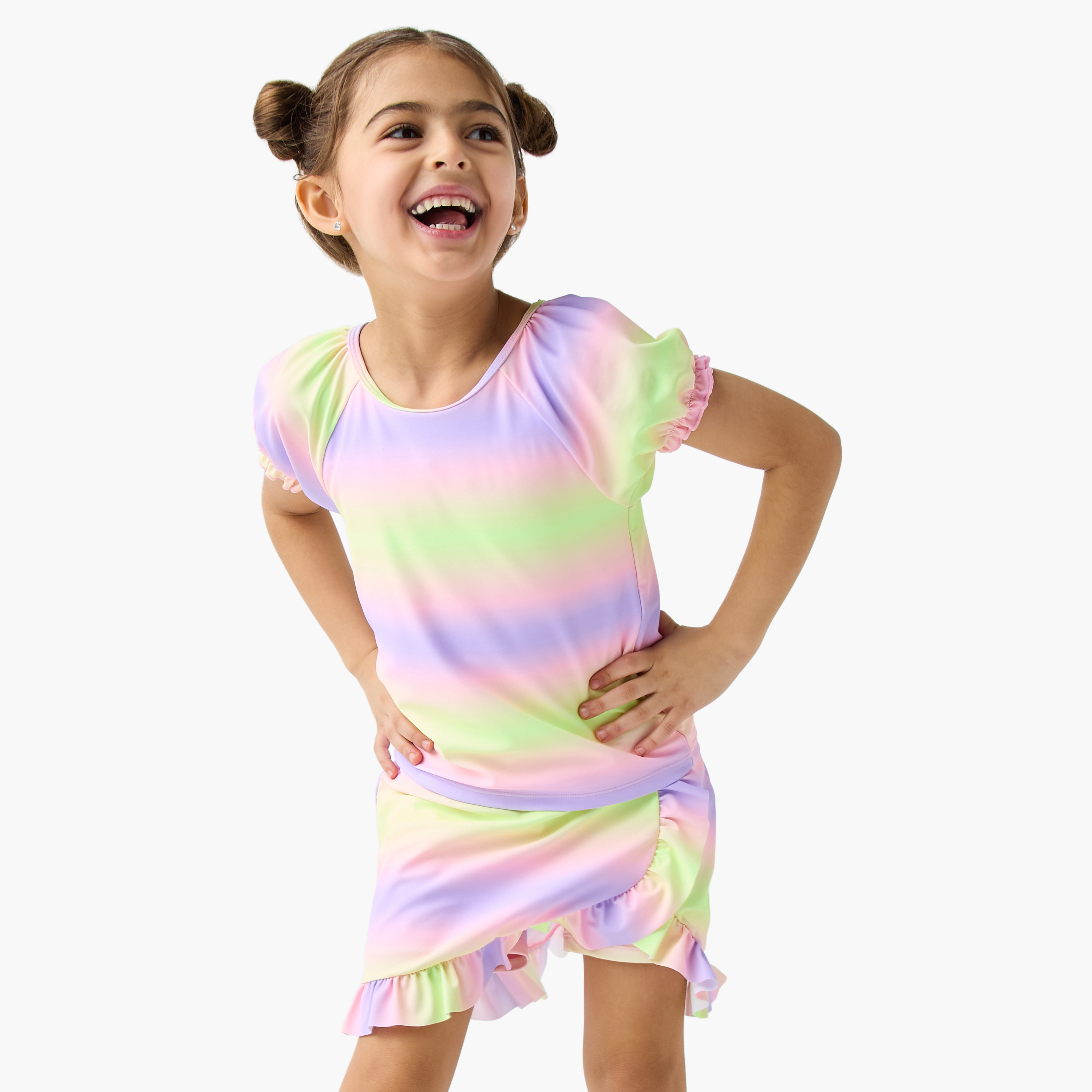 Juniors Tie-Dye Print Swimsuit with Short Sleeves-sports-gear-swimming-girl-image-1