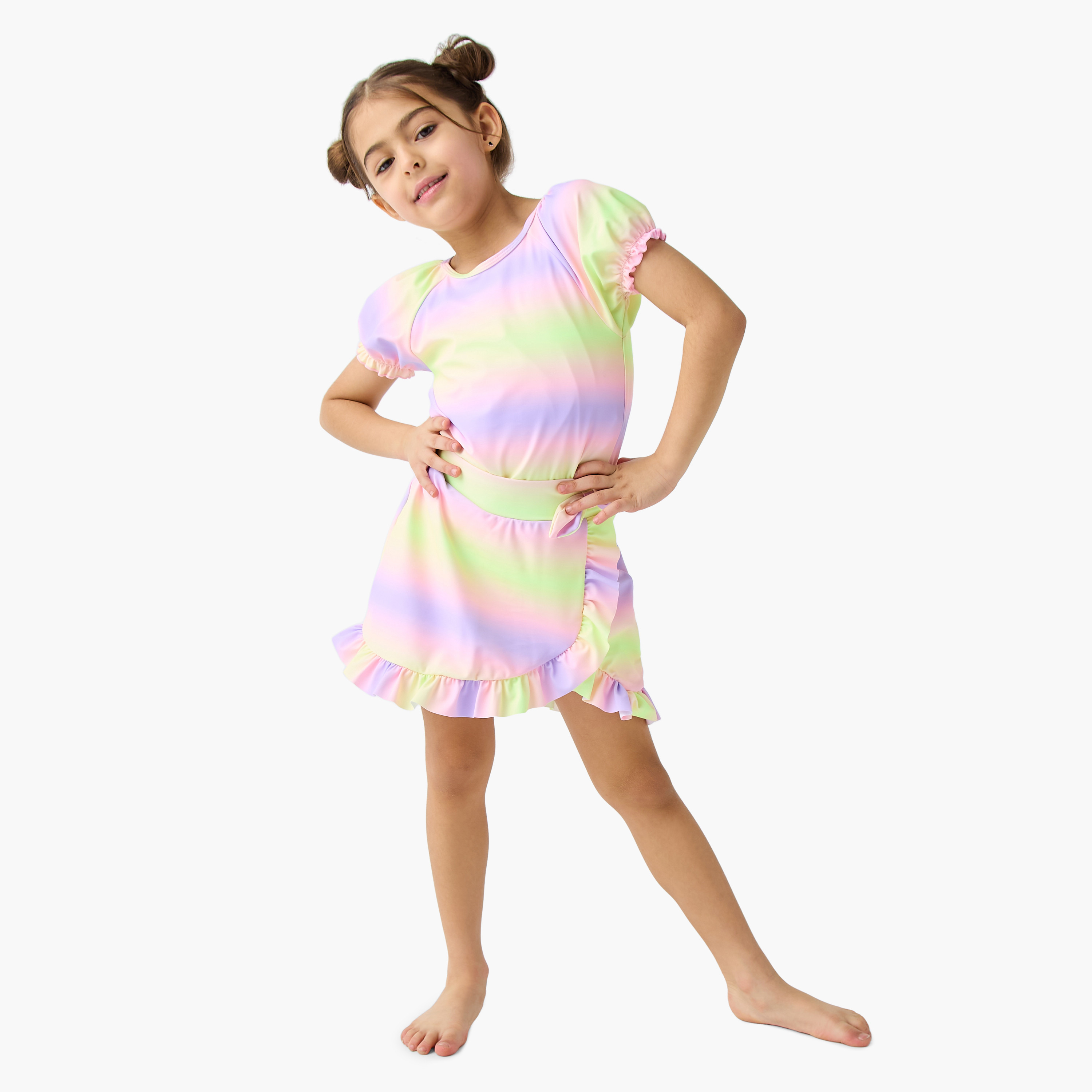 Juniors Tie-Dye Print Swimsuit with Short Sleeves-sports-gear-swimming-girl-image-3