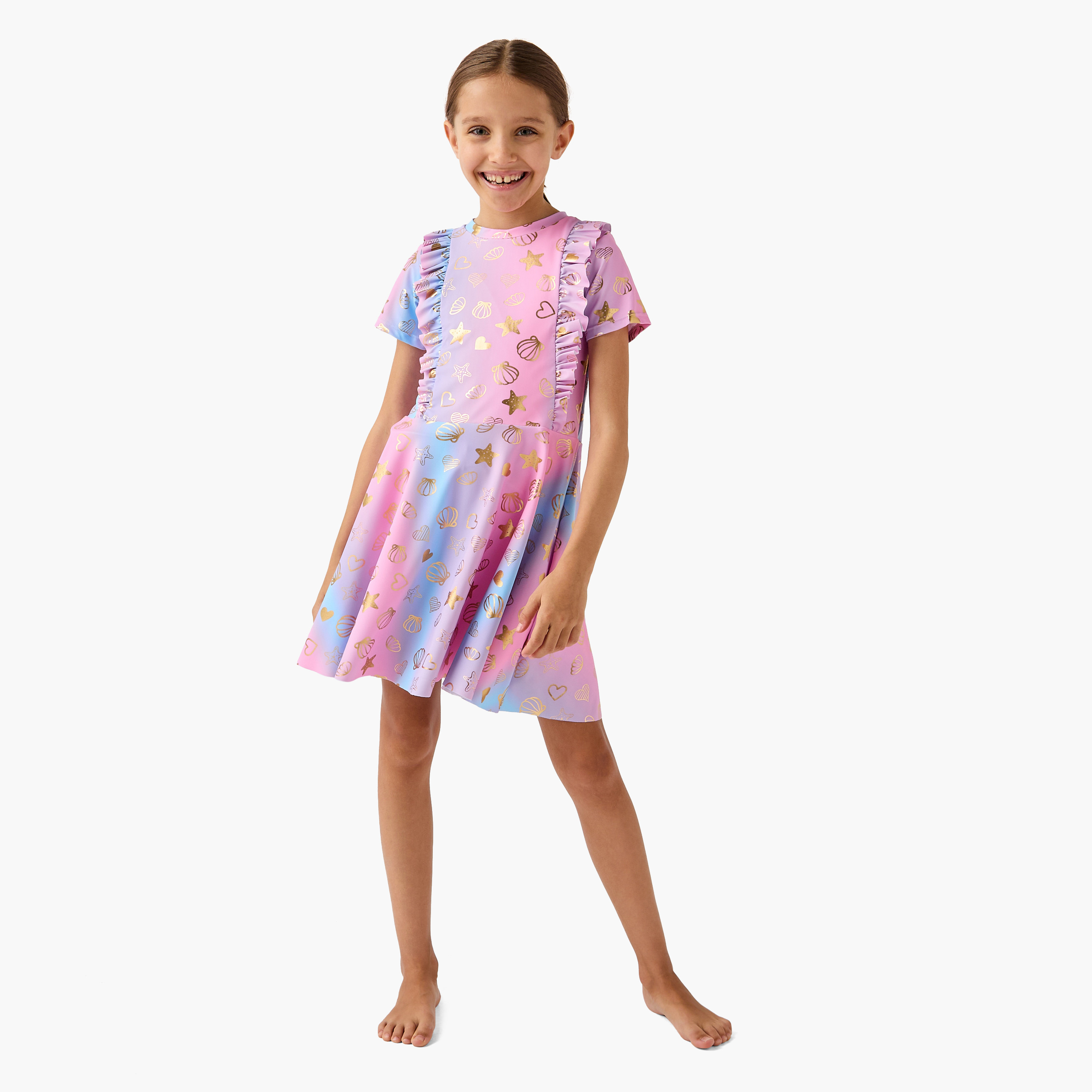 Juniors Printed Swimsuit Dress with Ruffle Detail-girls-clothing-sportswear-swimwear-image-1