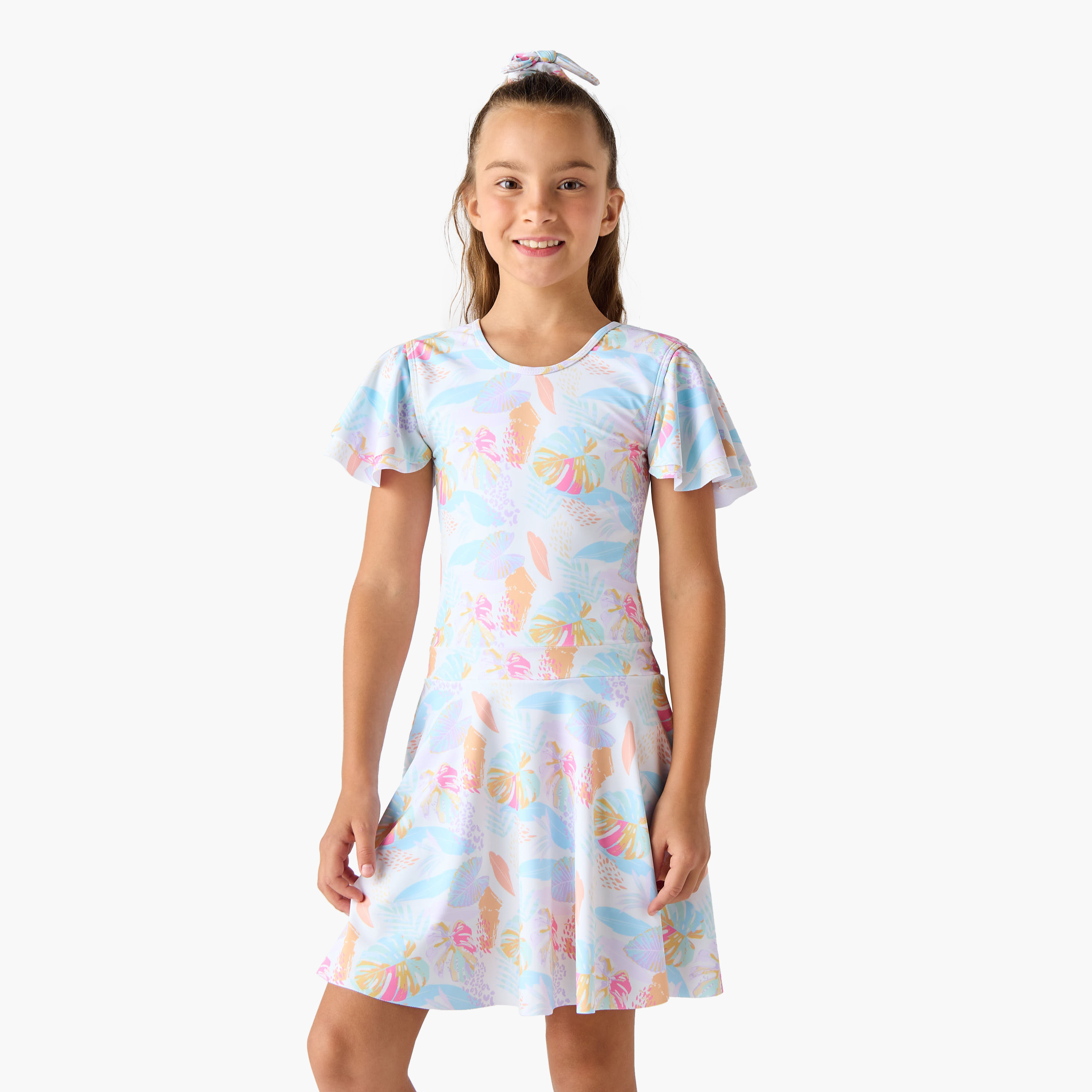 Juniors Floral Print Swimsuit with Flutter Sleeves and Matching Scrunchie-girls-clothing-sportswear-swimwear-image-1