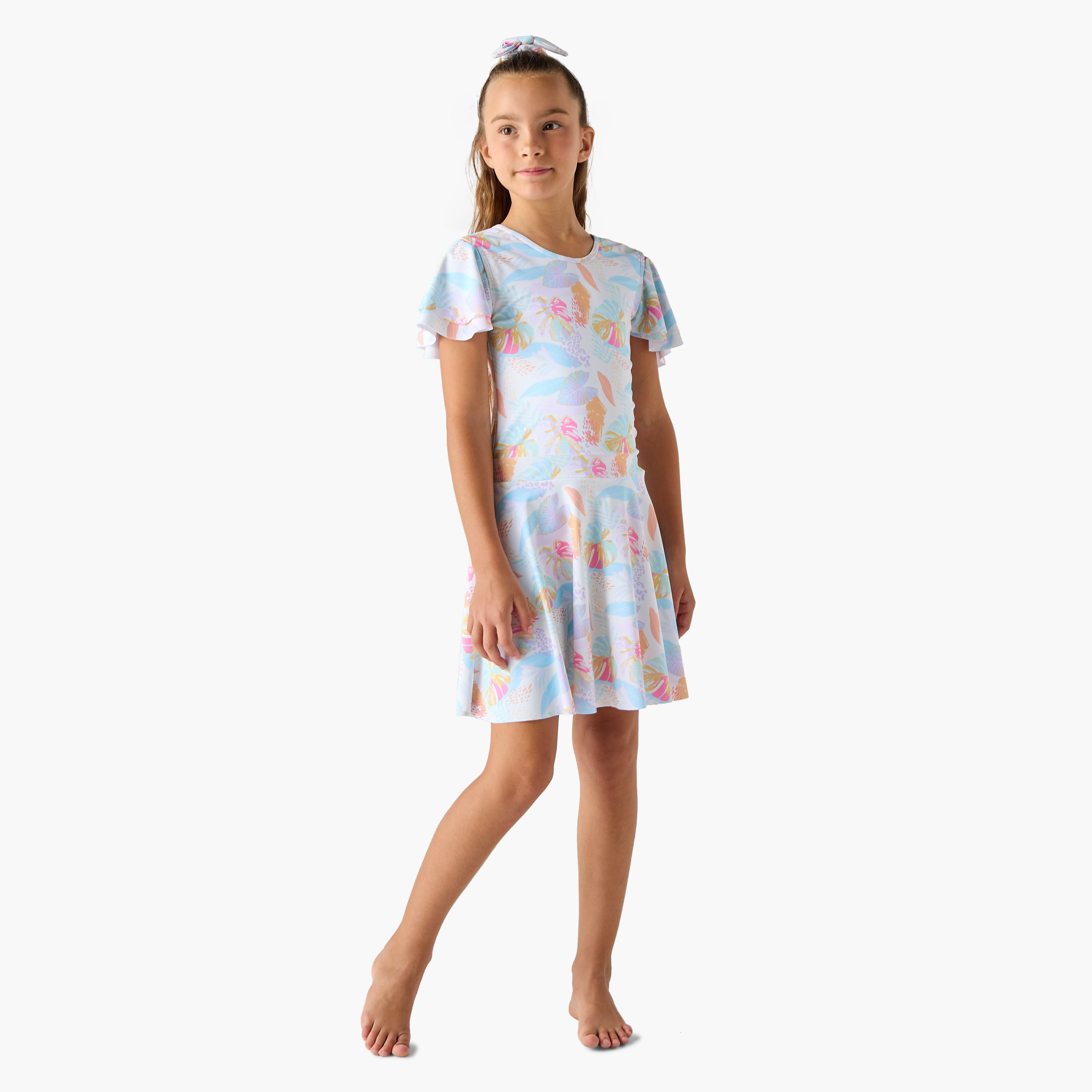 Juniors Floral Print Swimsuit with Flutter Sleeves and Matching Scrunchie-girls-clothing-sportswear-swimwear-image-2