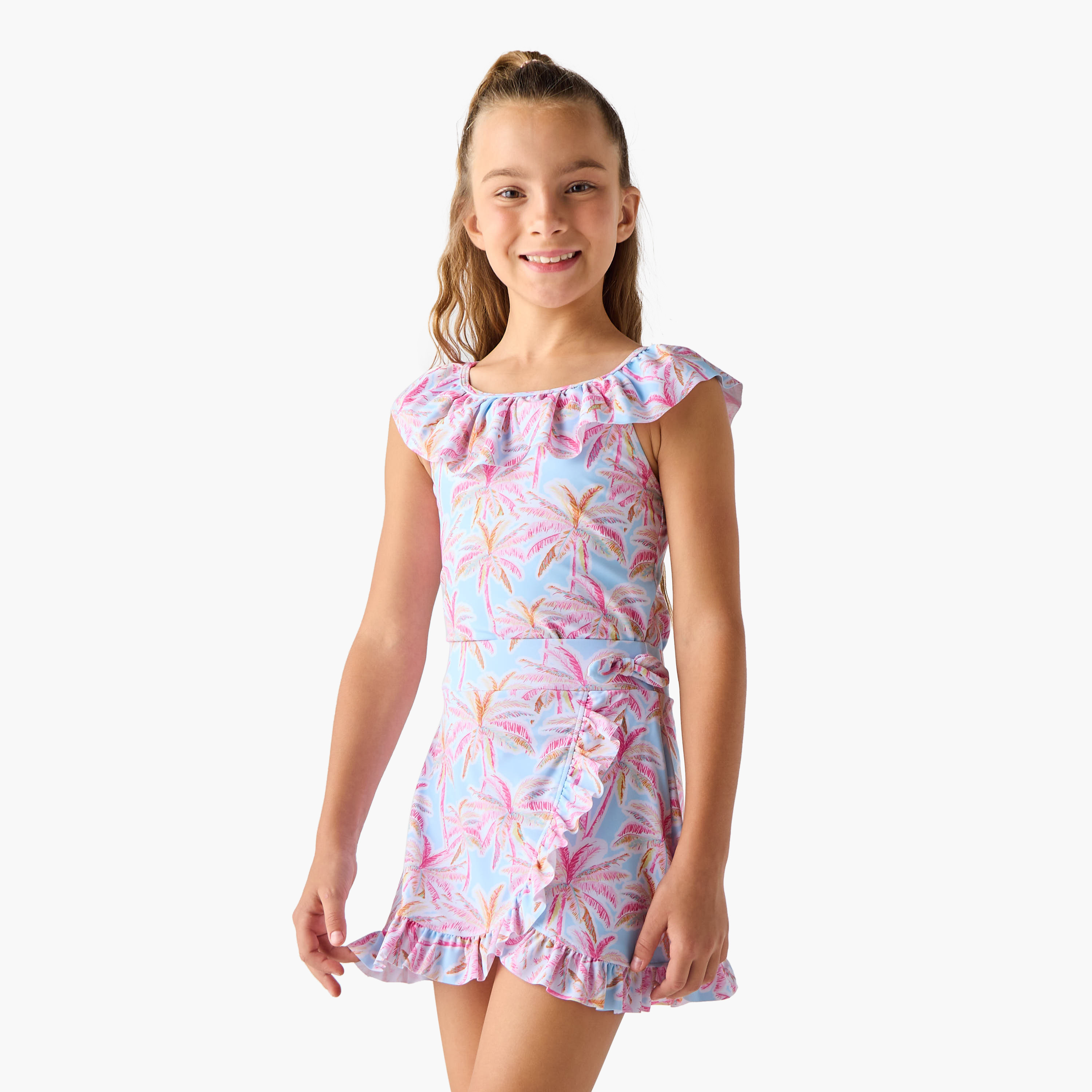 طقم بدلة سباحة بتفاصيل كشكش وطبعات شجرة النخيل مع تنورة-girls-clothing-sportswear-swimwear-image-5