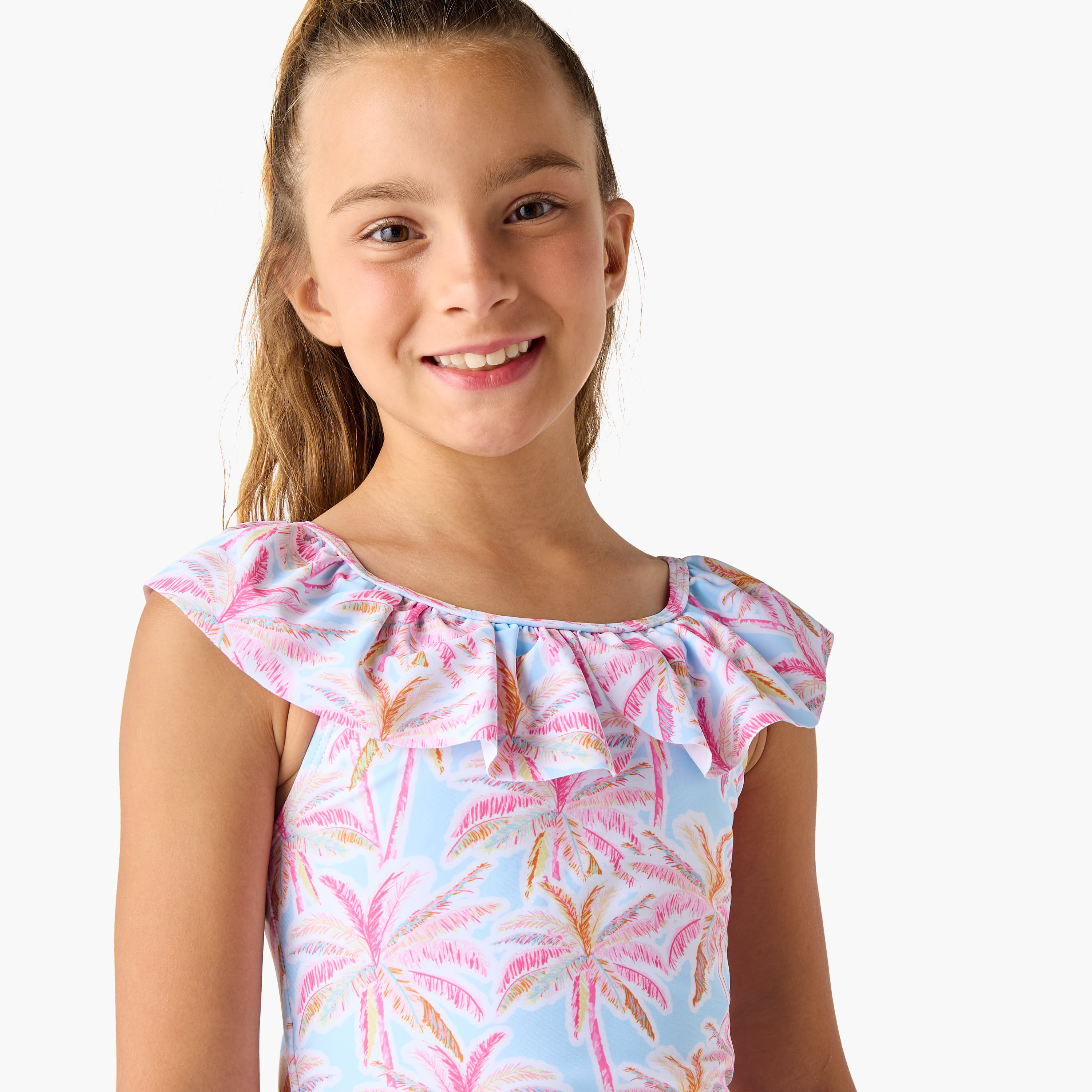 طقم بدلة سباحة بتفاصيل كشكش وطبعات شجرة النخيل مع تنورة-girls-clothing-sportswear-swimwear-image-2