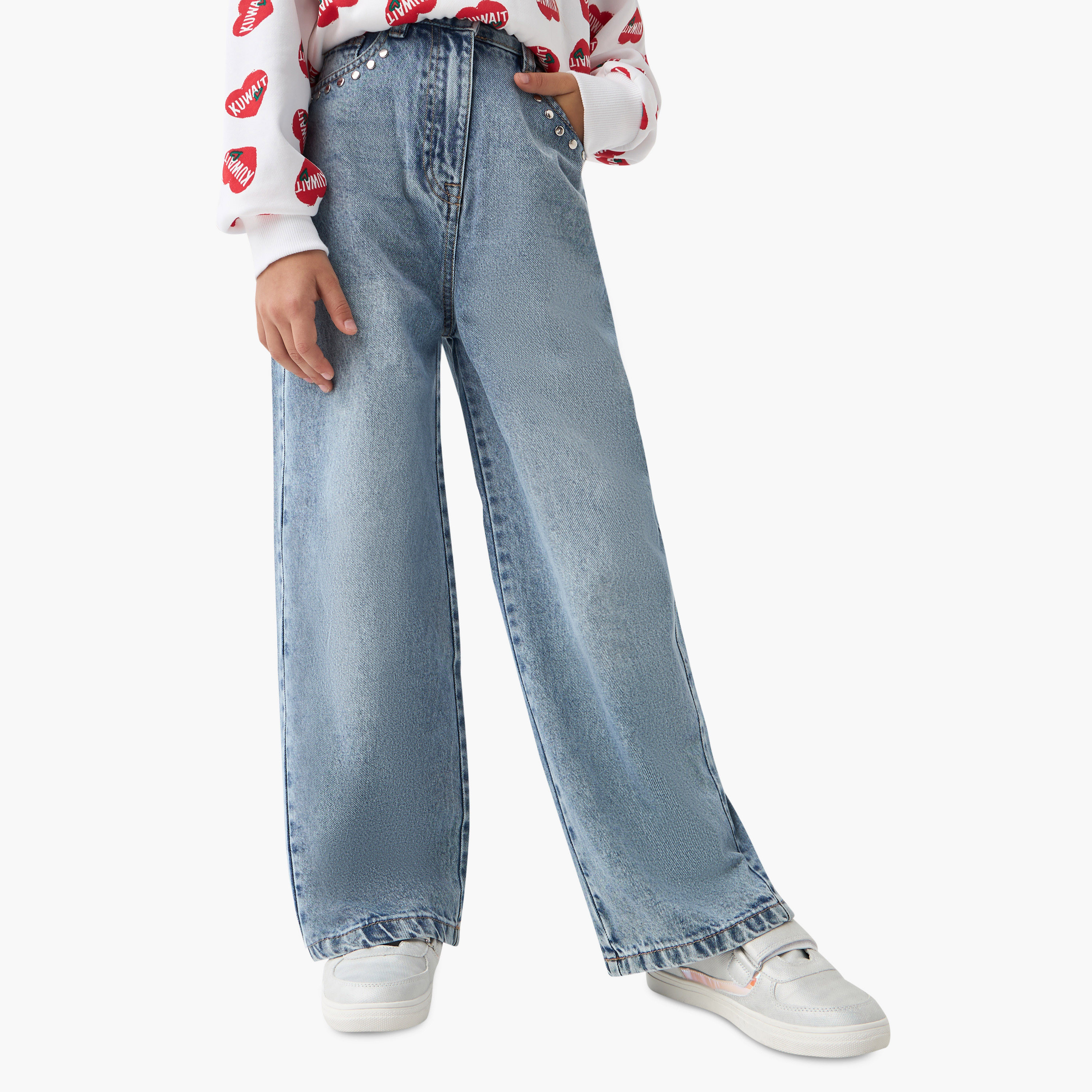 بنطلون جينز واسع الساقين بجيوب وتفاصيل مرصّعة من جونيورز-girls-clothing-bottoms-jeansandjeggings-image-1