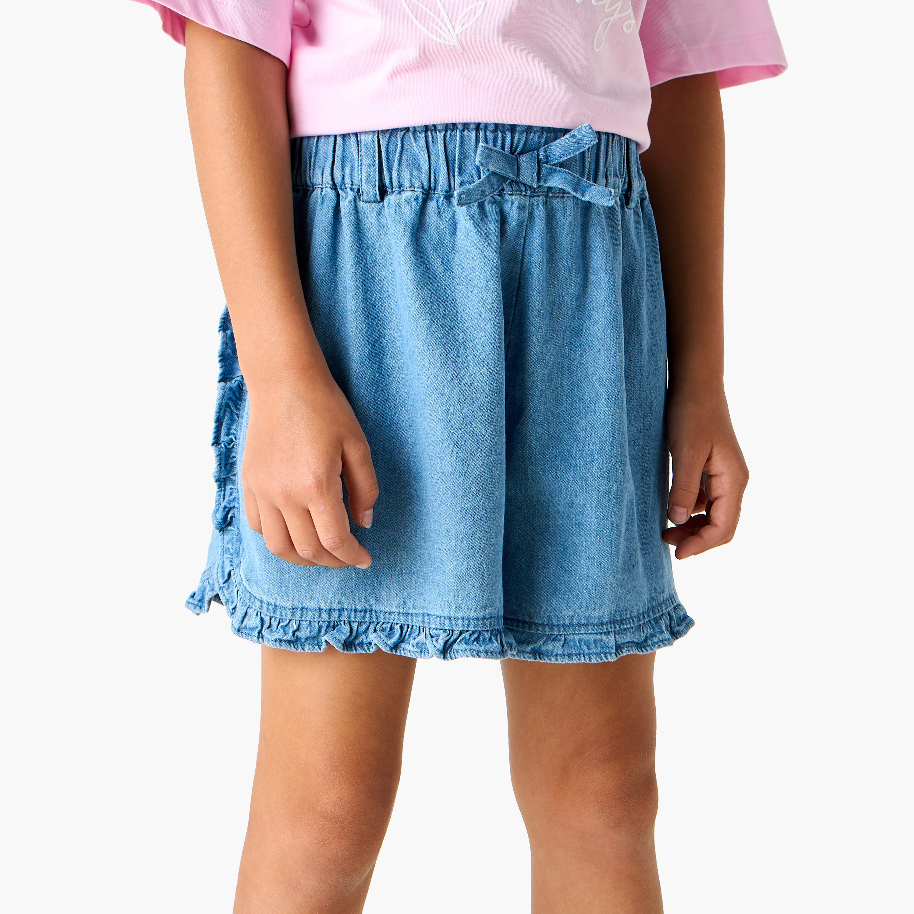Juniors Ruffle Detail Denim Shorts with Elasticated Waistband-girls-clothing-bottoms-shorts-image-1