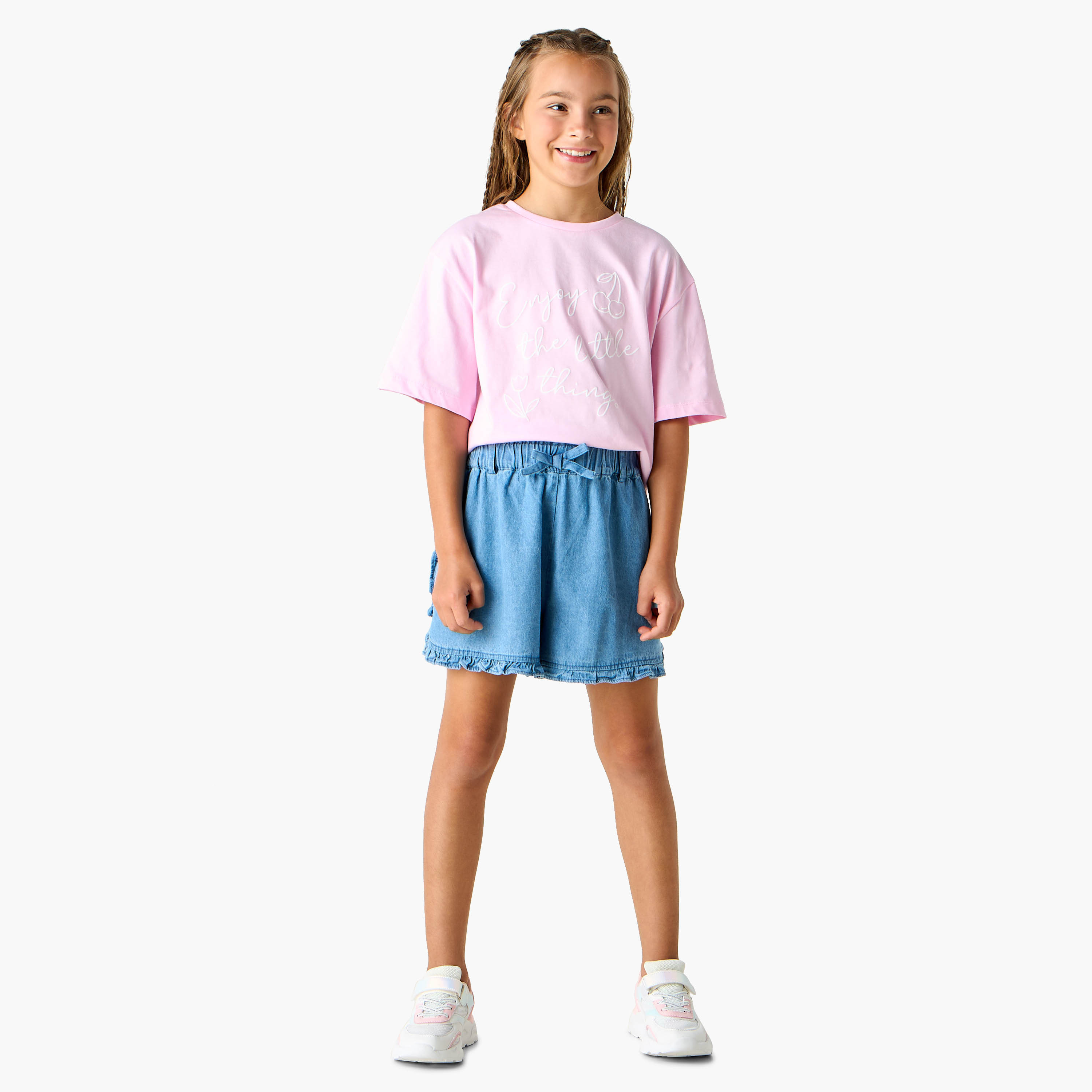 Juniors Ruffle Detail Denim Shorts with Elasticated Waistband-girls-clothing-bottoms-shorts-image-2