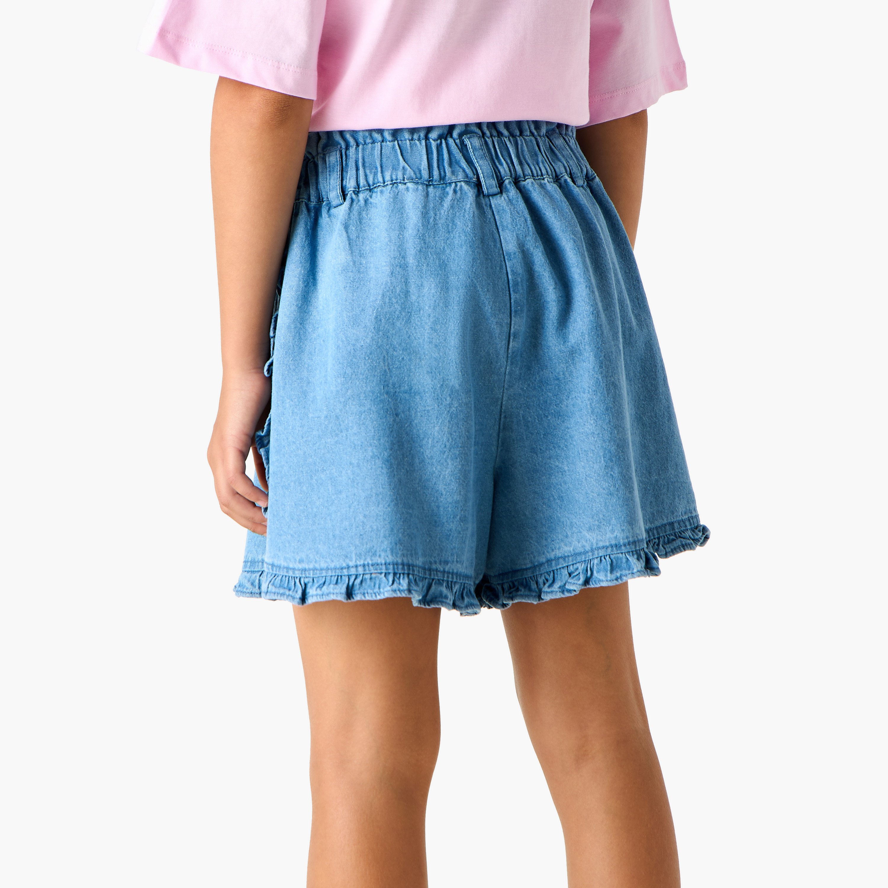 Juniors Ruffle Detail Denim Shorts with Elasticated Waistband-girls-clothing-bottoms-shorts-image-3