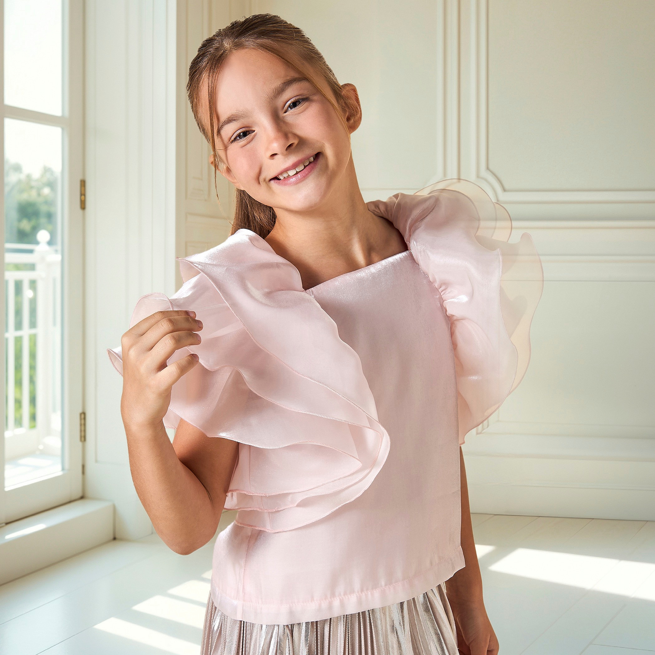 Juniors Solid Ruffle Detail Top with Square Neck and Button Closure-girls-clothing-blousesandshirts-image-1
