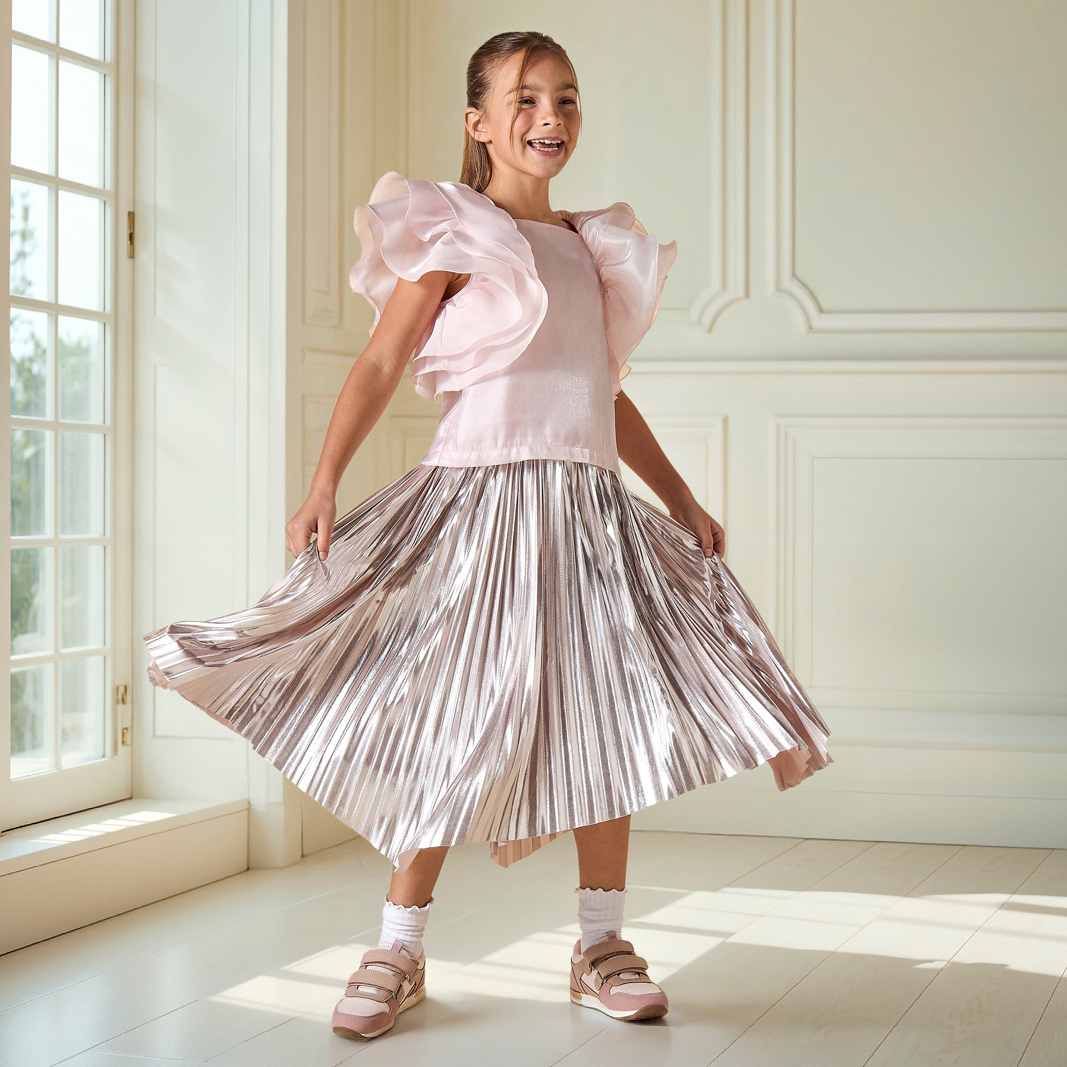Juniors Solid Ruffle Detail Top with Square Neck and Button Closure-girls-clothing-blousesandshirts-image-2