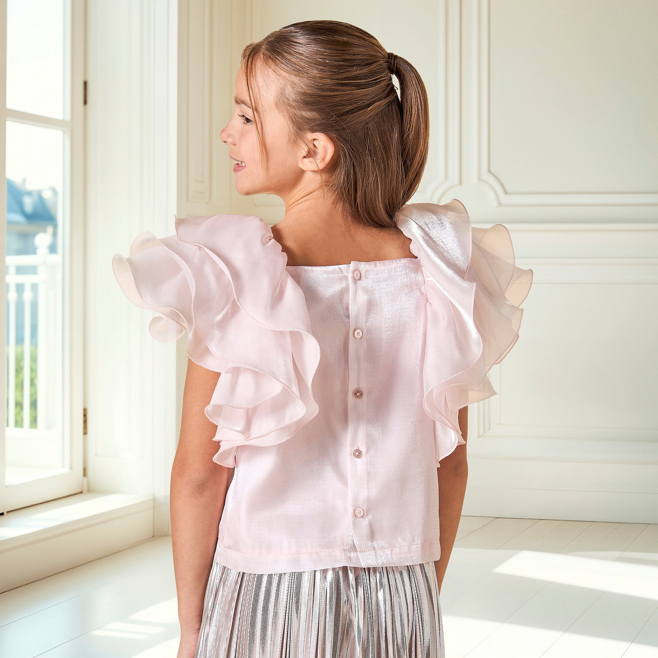 Juniors Solid Ruffle Detail Top with Square Neck and Button Closure-girls-clothing-blousesandshirts-image-3