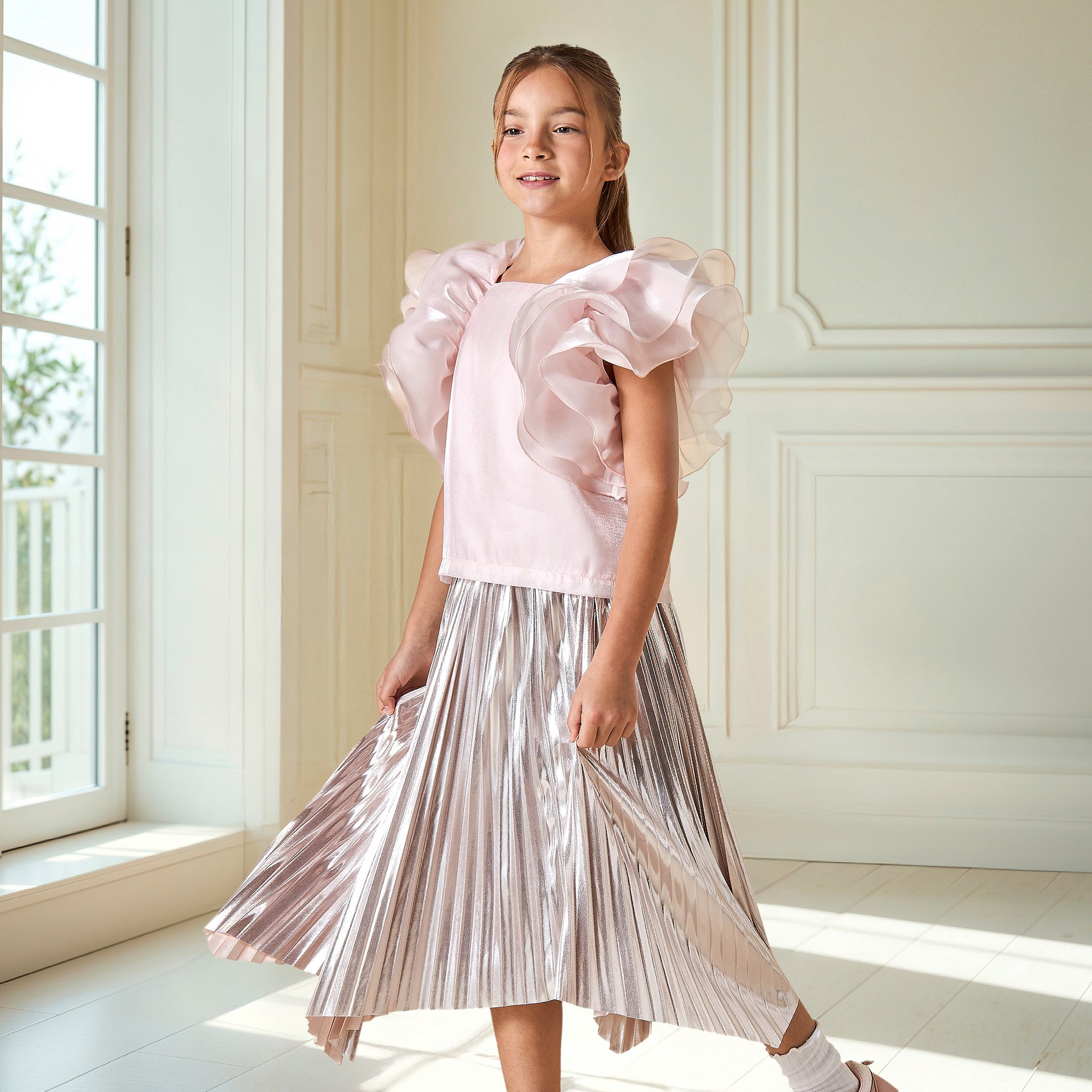 Juniors Solid Ruffle Detail Top with Square Neck and Button Closure-girls-clothing-blousesandshirts-image-6