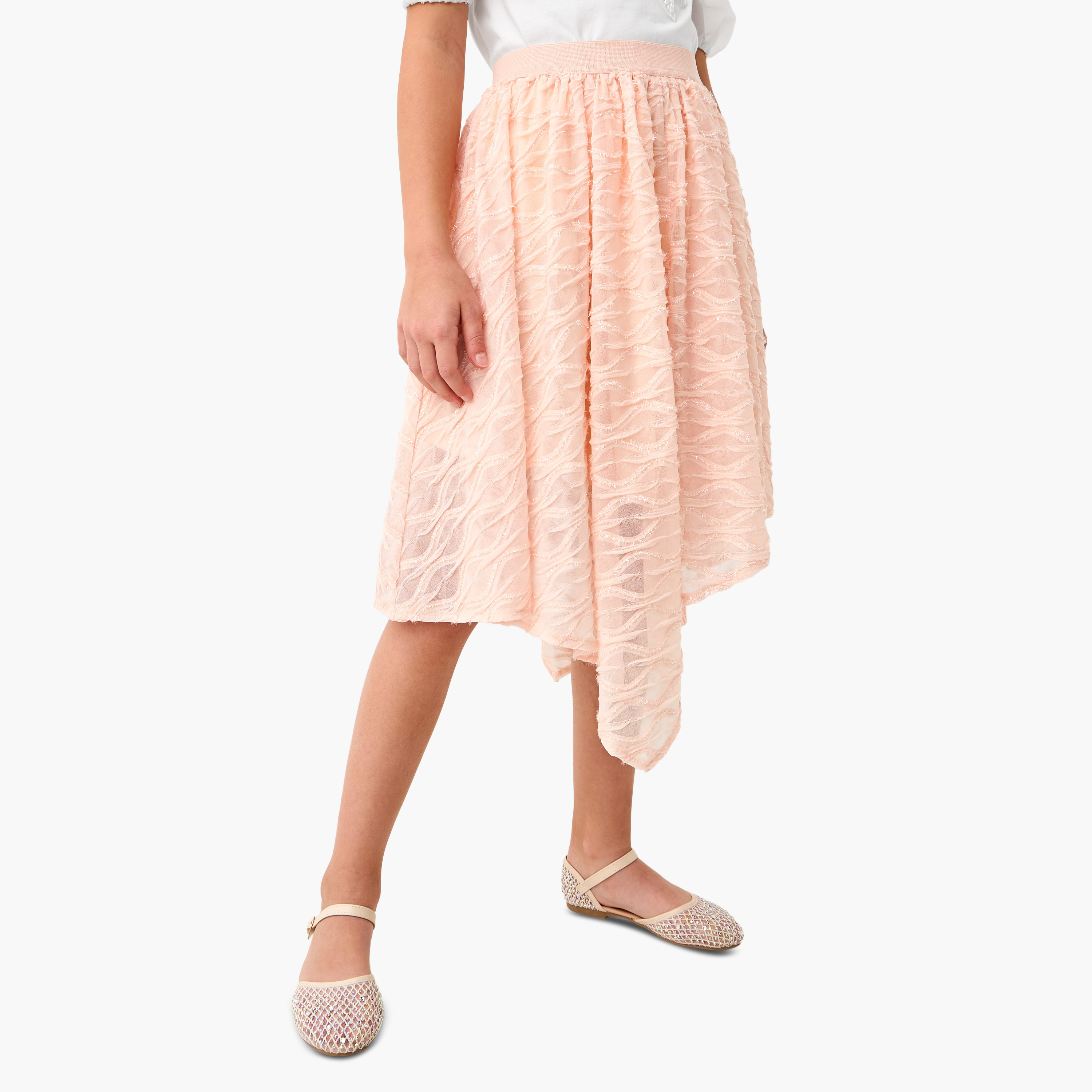 Juniors Textured Asymmetric Skirt with Elasticated Waistband-girls-clothing-bottoms-skirts-image-1