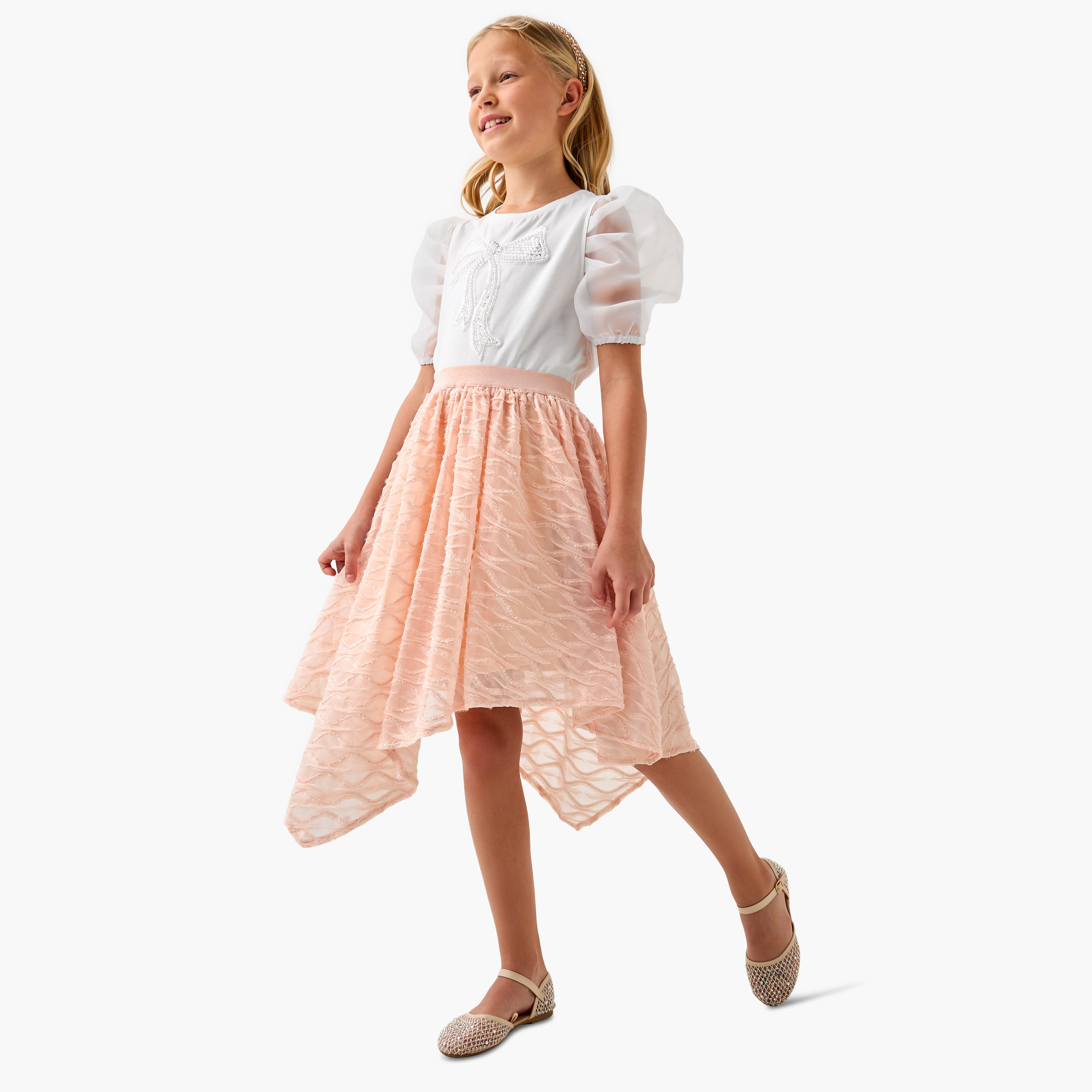 Juniors Textured Asymmetric Skirt with Elasticated Waistband-girls-clothing-bottoms-skirts-image-2