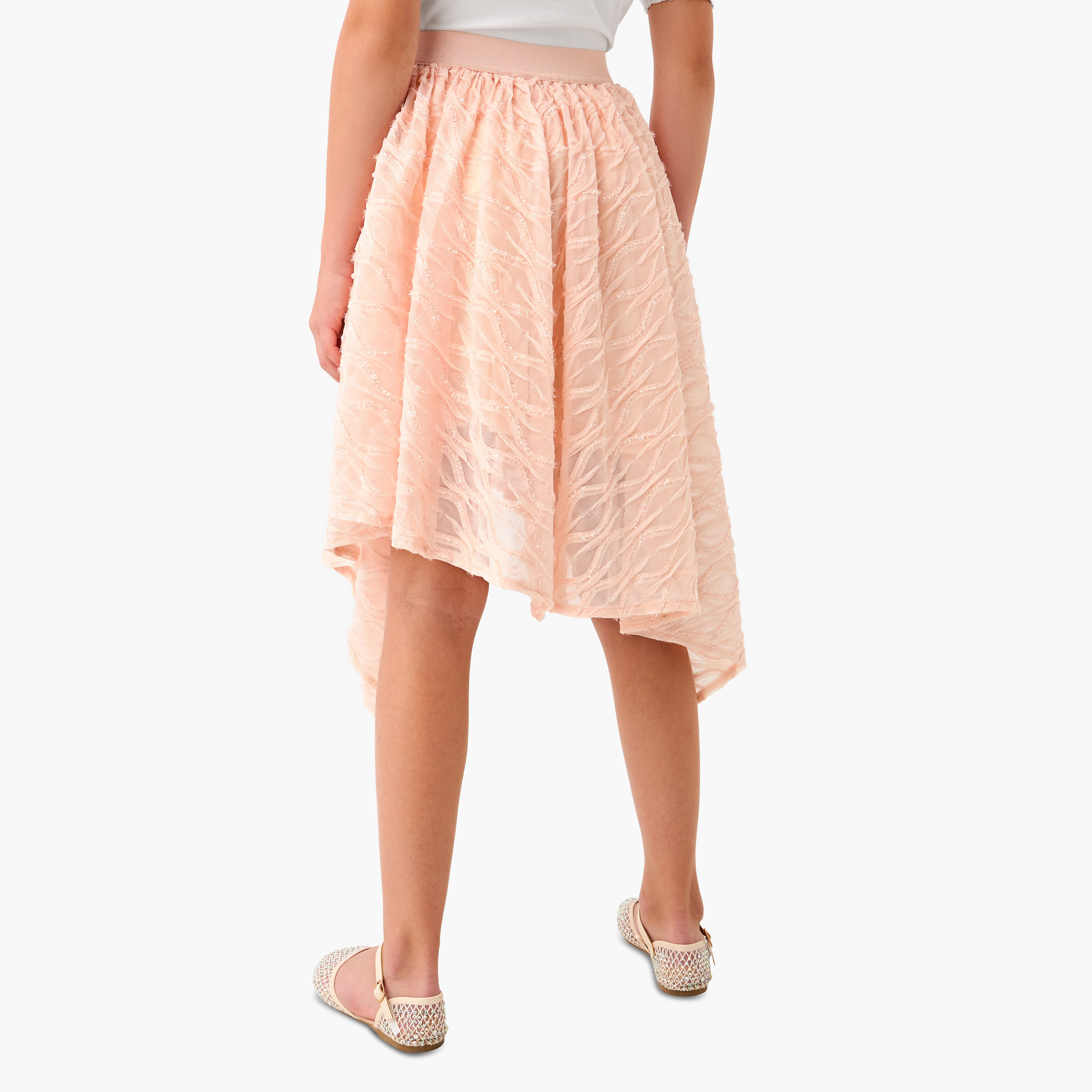 Juniors Textured Asymmetric Skirt with Elasticated Waistband-girls-clothing-bottoms-skirts-image-3