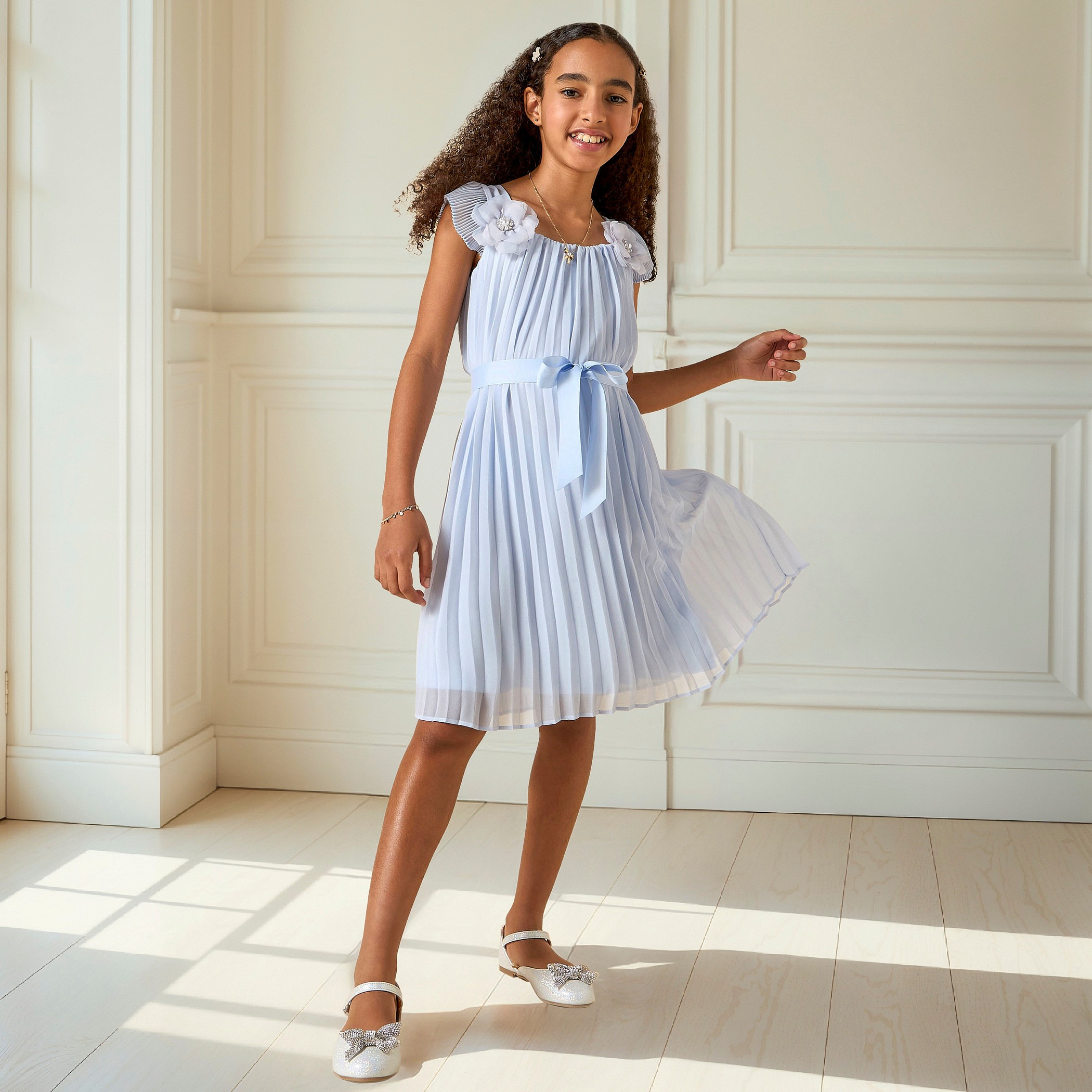 Juniors Pleated Round Neck Dress with Short Sleeves and Bow Detail-girls-clothing-dressesandjumpsuits-image-2