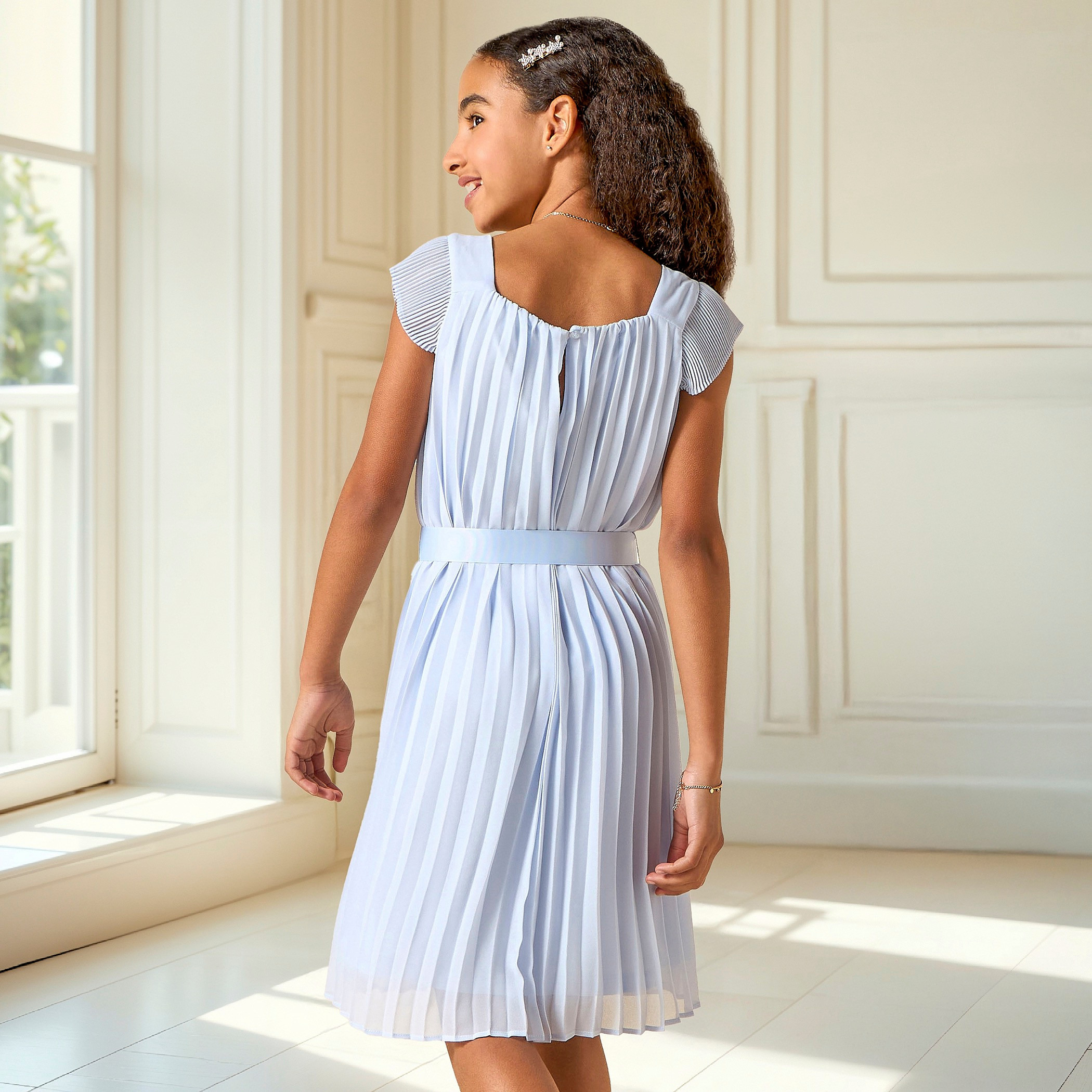 Juniors Pleated Round Neck Dress with Short Sleeves and Bow Detail-girls-clothing-dressesandjumpsuits-image-3
