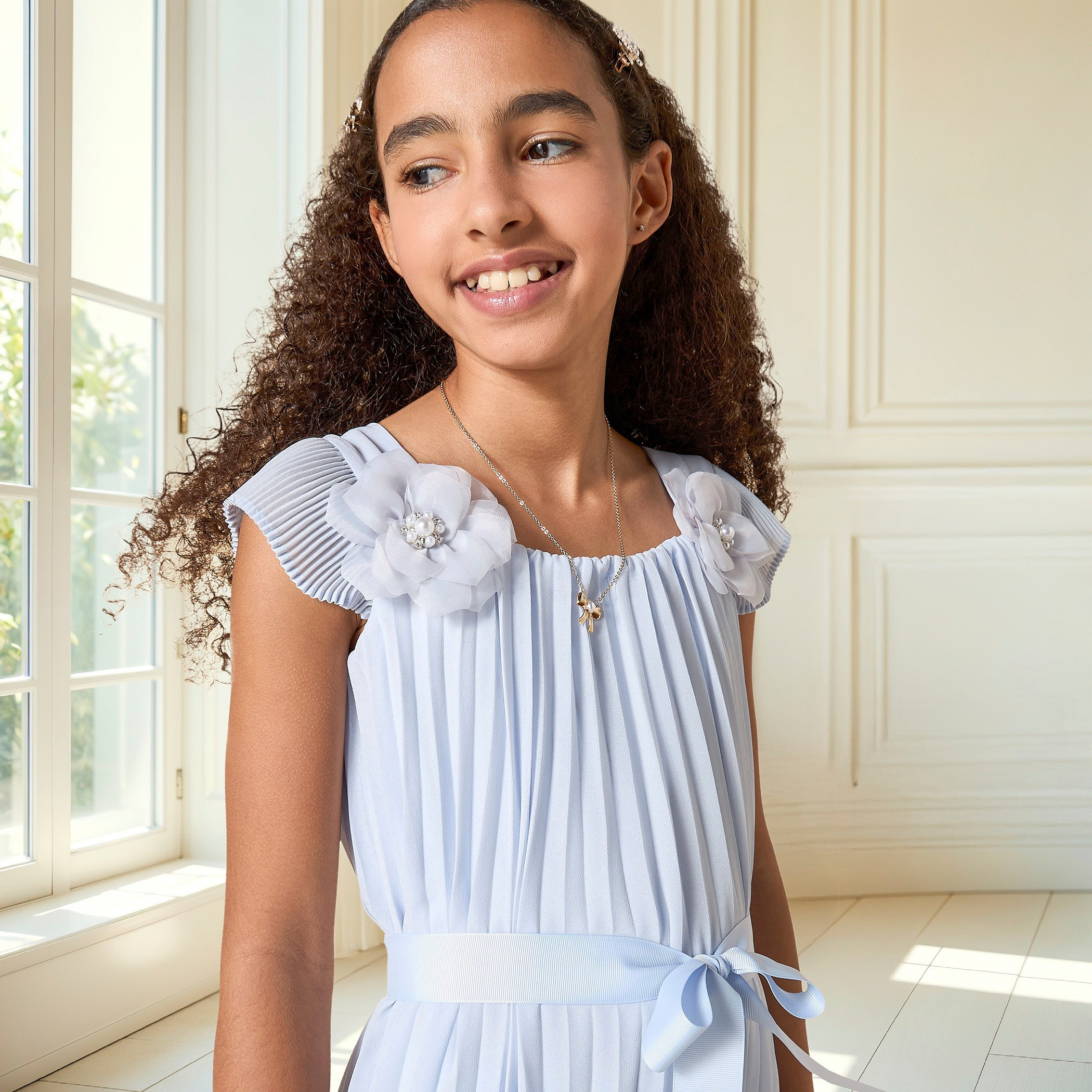 Juniors Pleated Round Neck Dress with Short Sleeves and Bow Detail-girls-clothing-dressesandjumpsuits-image-4