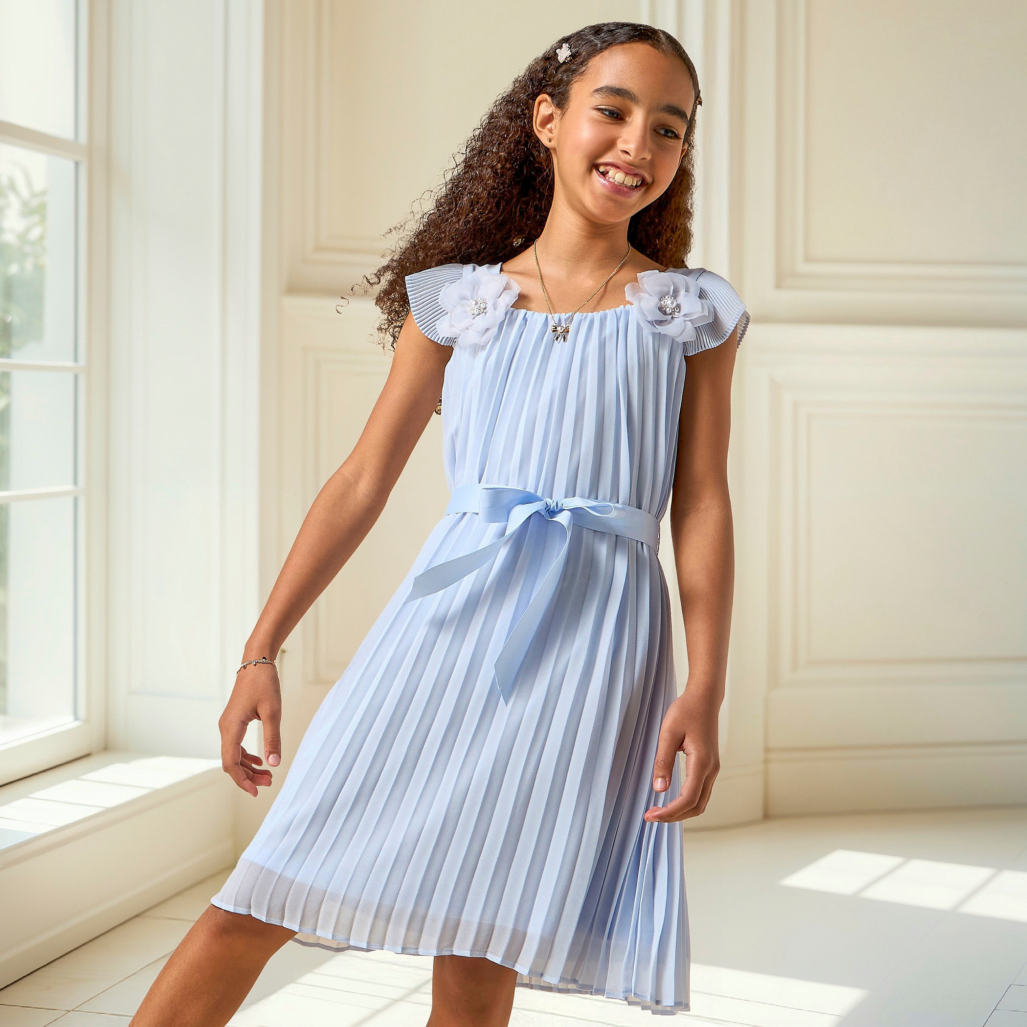 Juniors Pleated Round Neck Dress with Short Sleeves and Bow Detail-girls-clothing-dressesandjumpsuits-image-6