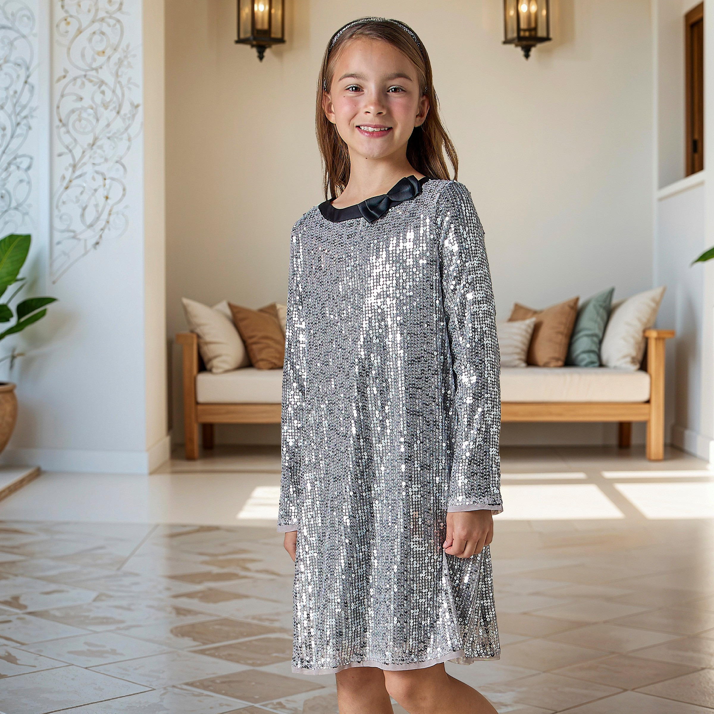 Juniors Sequinned A-line Dress with Long Sleeves and Bow Applique-girls-clothing-dressesandjumpsuits-image-1