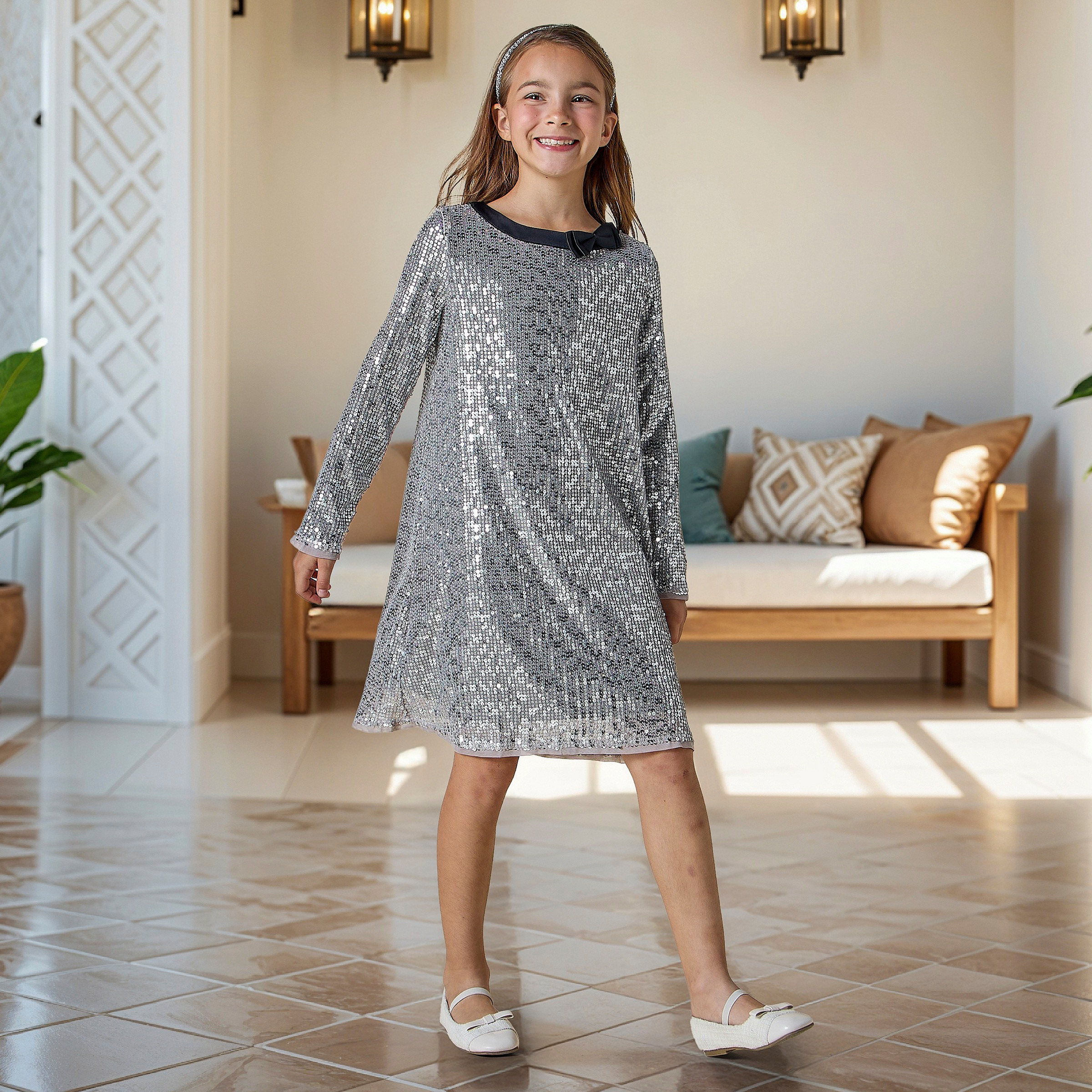 Juniors Sequinned A-line Dress with Long Sleeves and Bow Applique-girls-clothing-dressesandjumpsuits-image-2