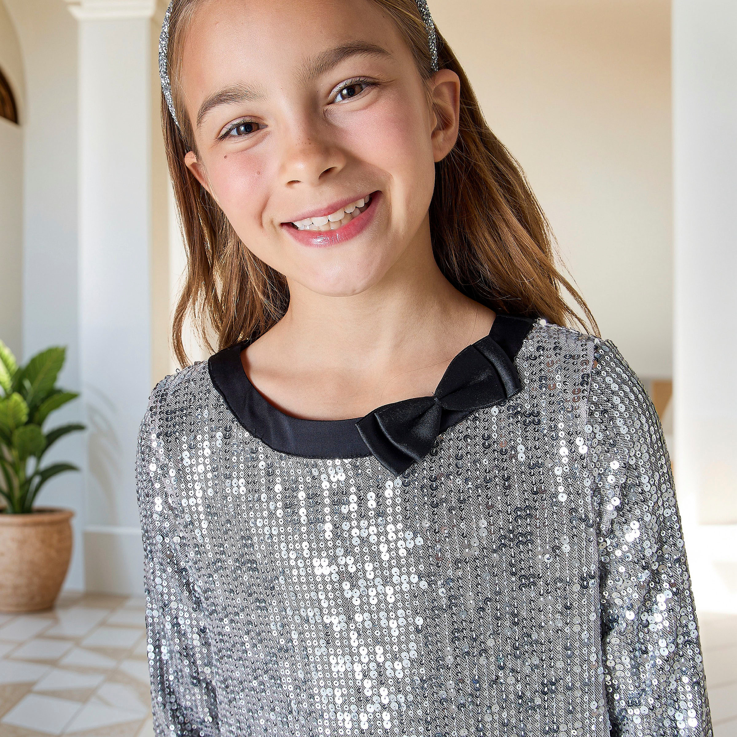 Juniors Sequinned A-line Dress with Long Sleeves and Bow Applique-girls-clothing-dressesandjumpsuits-image-4