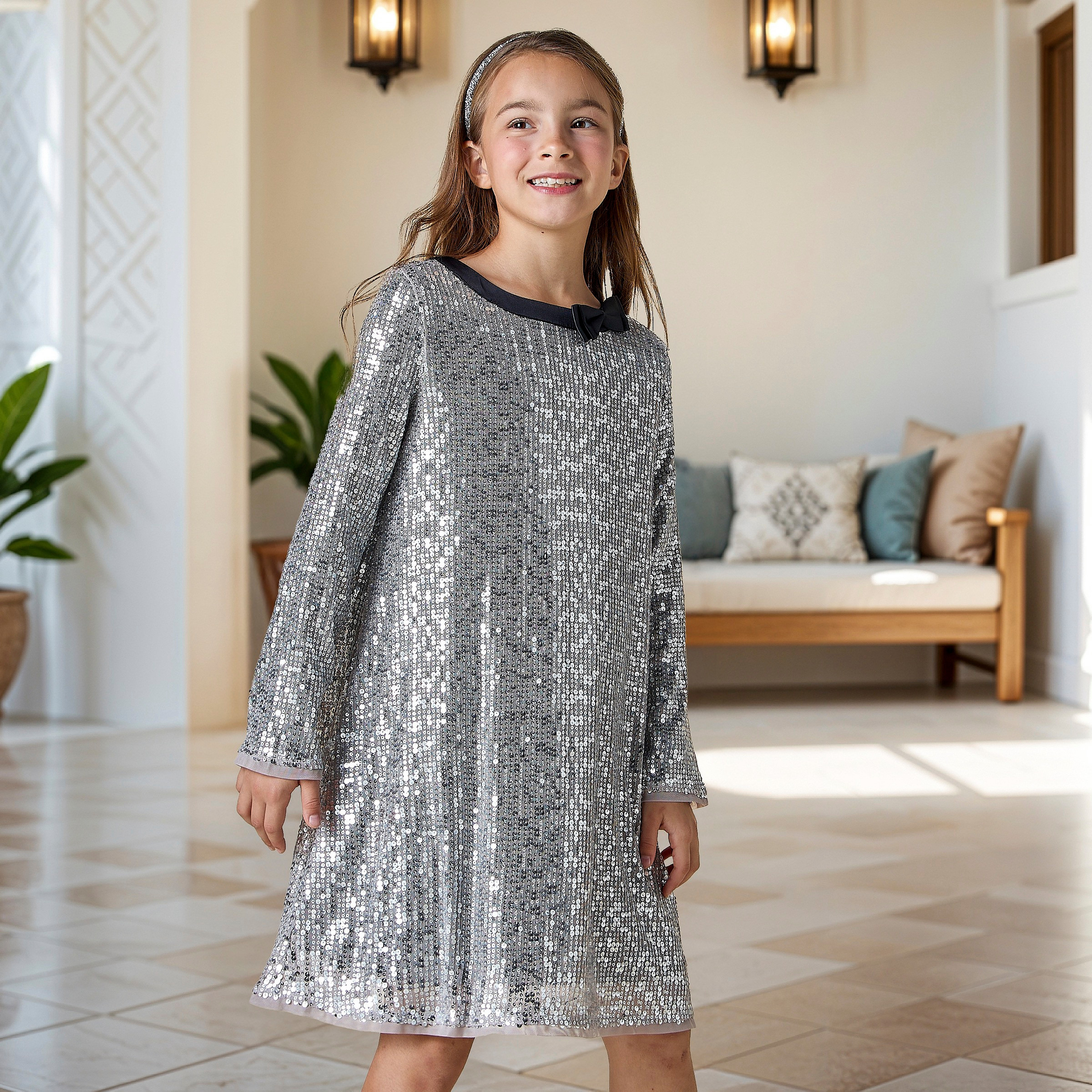 Juniors Sequinned A-line Dress with Long Sleeves and Bow Applique-girls-clothing-dressesandjumpsuits-image-5