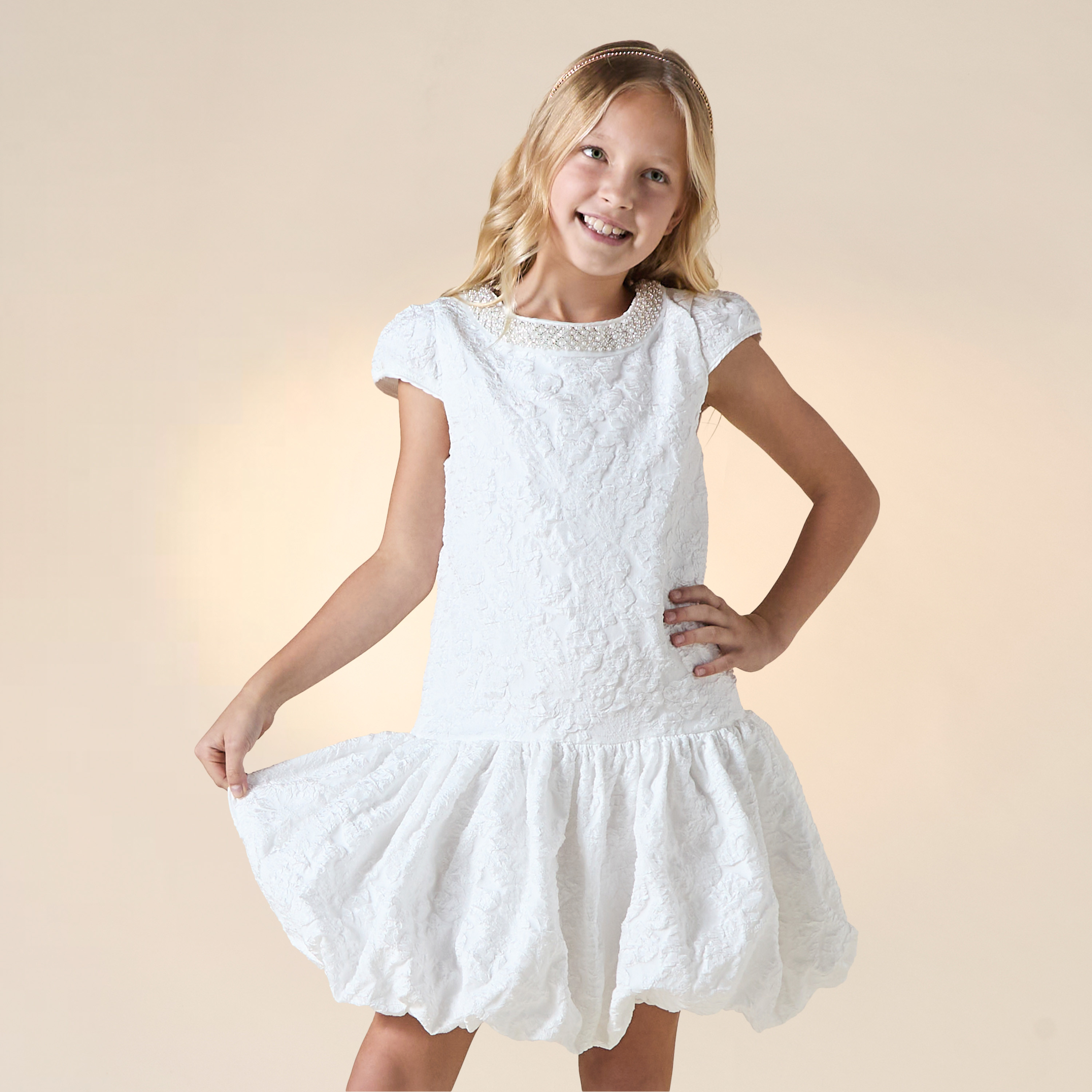 Juniors Textured Drop Waist Dress with Embellished Round Neck and Cap Sleeves-girls-clothing-dressesandjumpsuits-image-1