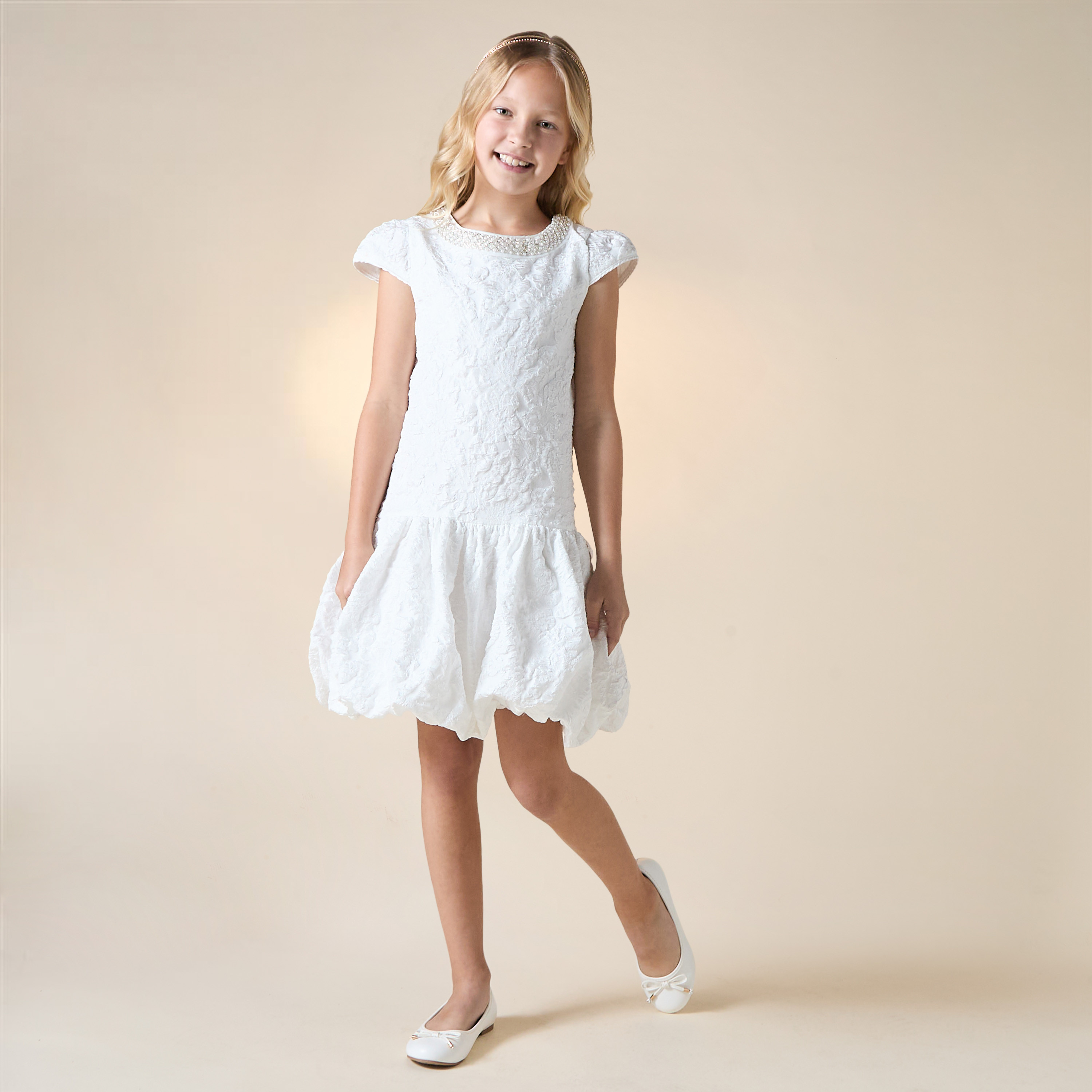 Juniors Textured Drop Waist Dress with Embellished Round Neck and Cap Sleeves-girls-clothing-dressesandjumpsuits-image-2