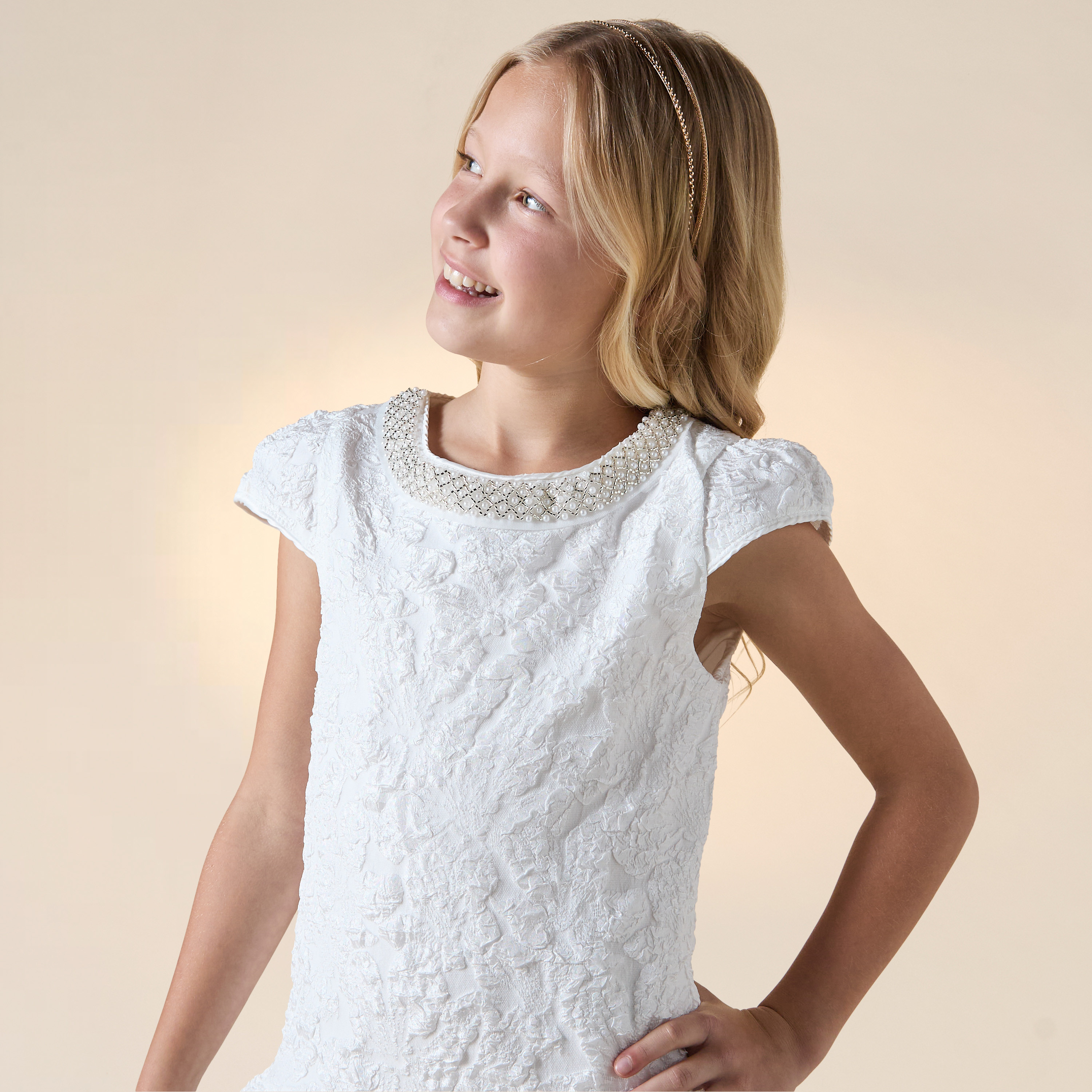 Juniors Textured Drop Waist Dress with Embellished Round Neck and Cap Sleeves-girls-clothing-dressesandjumpsuits-image-4