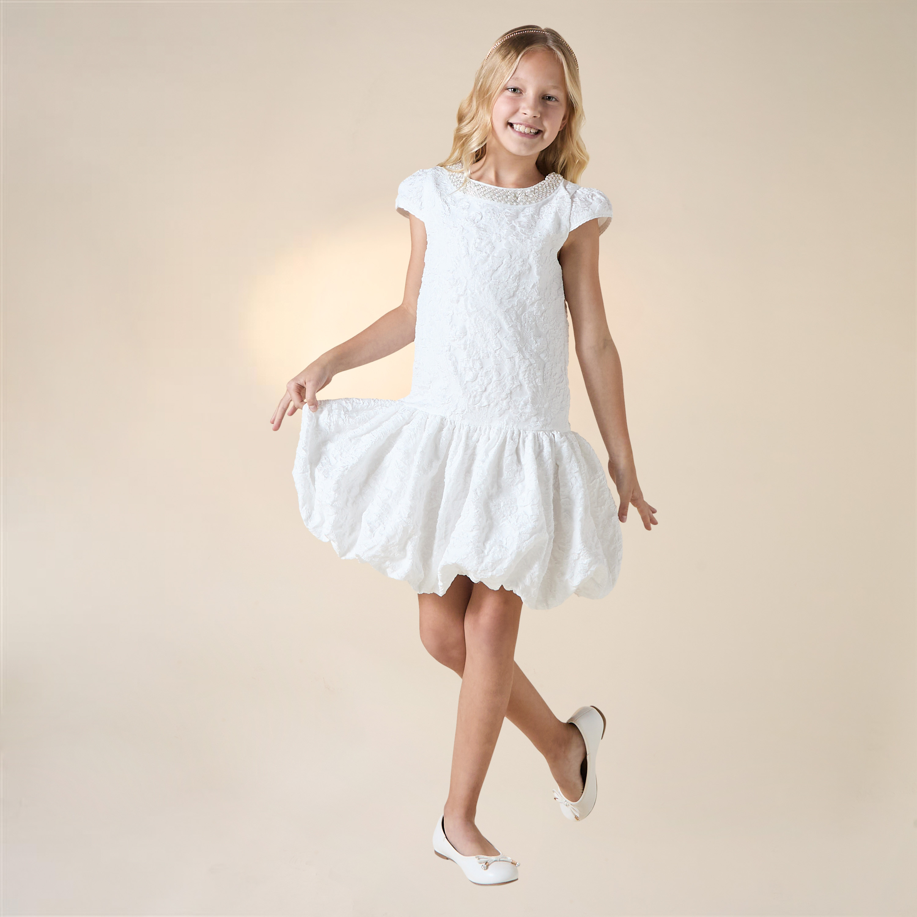 Juniors Textured Drop Waist Dress with Embellished Round Neck and Cap Sleeves-girls-clothing-dressesandjumpsuits-image-6