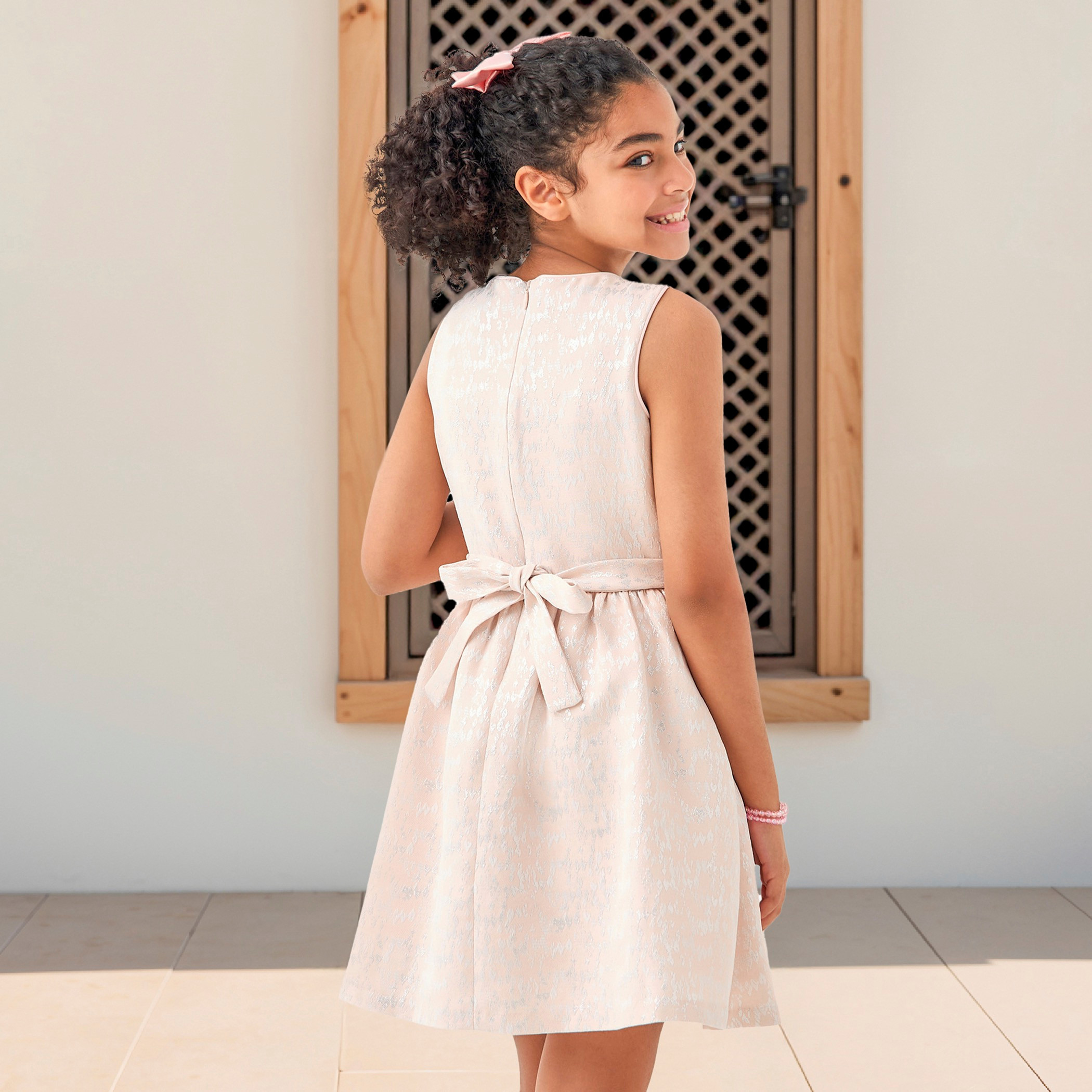 Juniors Textured Sleeveless Dress with Tie-Up Belt and Zip Closure-girls-clothing-dressesandjumpsuits-image-4