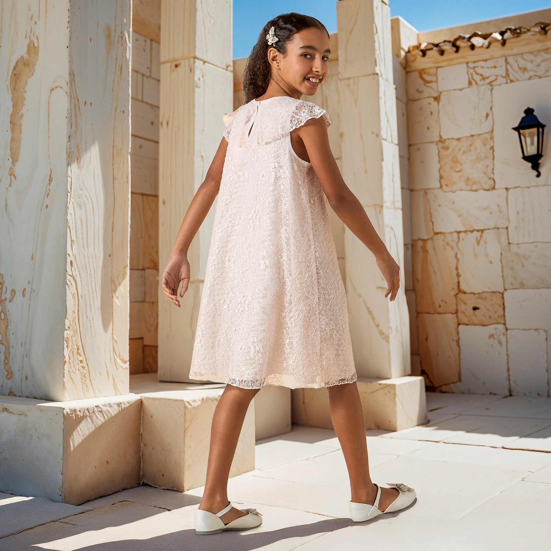 Juniors Sequin Embellished Sleeveless Dress with Round Neck and Floral Detail-girls-clothing-dressesandjumpsuits-image-3