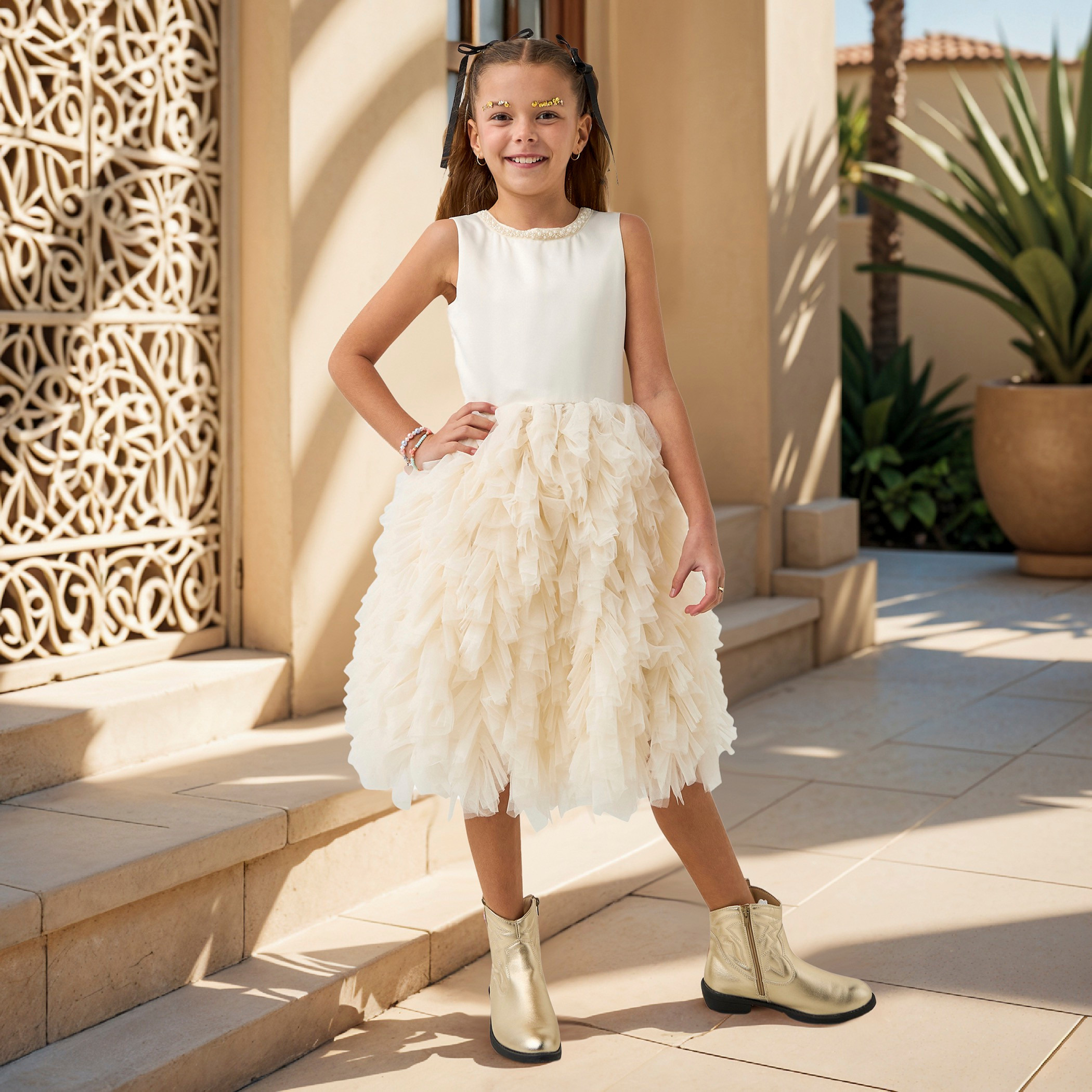 Juniors Textured Sleeveless A-line Dress with Round Neck and Zip Closure-girls-clothing-dressesandjumpsuits-image-2