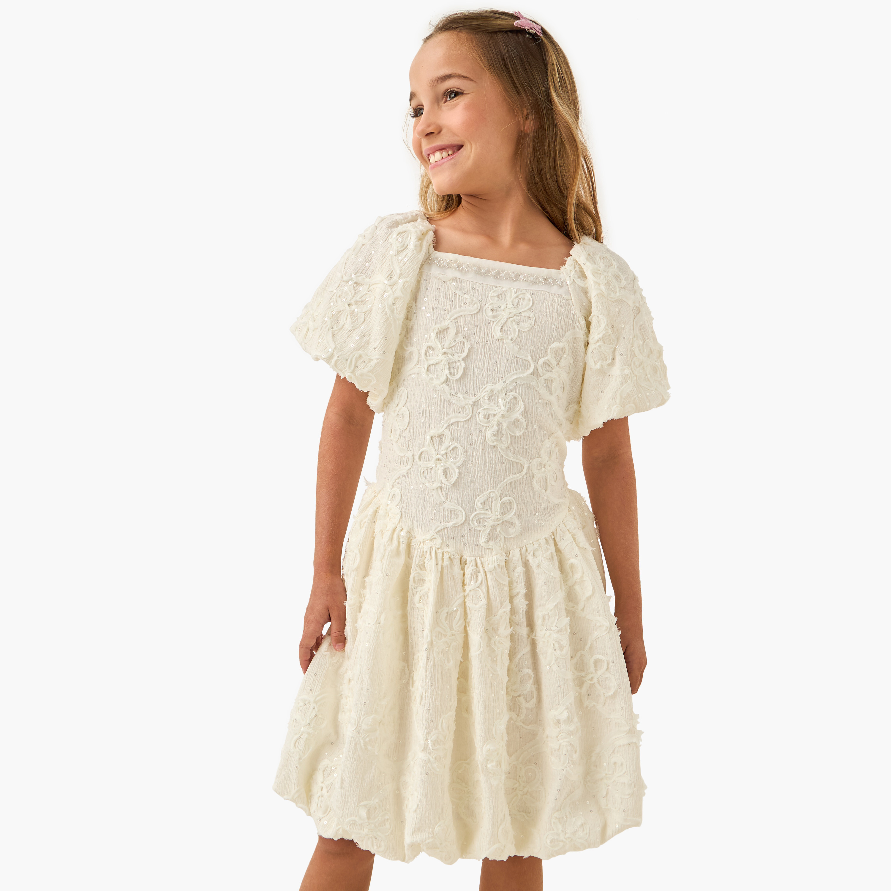 Juniors Embellished Balloon Dress with Square Neck-girls-clothing-dressesandjumpsuits-image-1