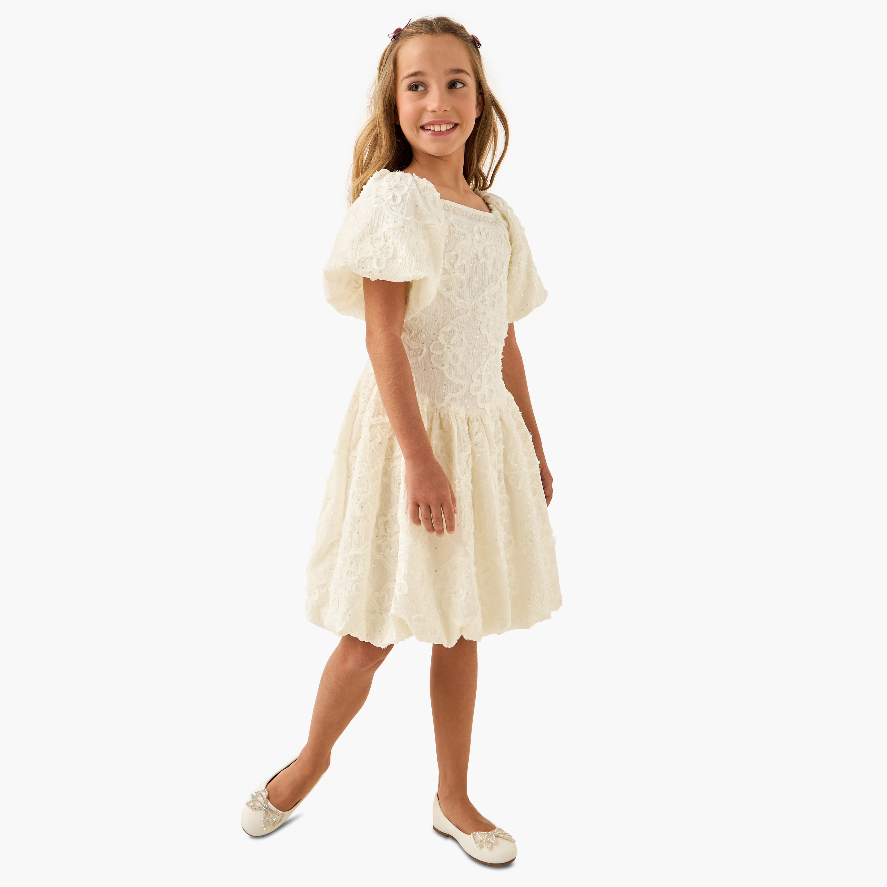 Juniors Embellished Balloon Dress with Square Neck-girls-clothing-dressesandjumpsuits-image-2