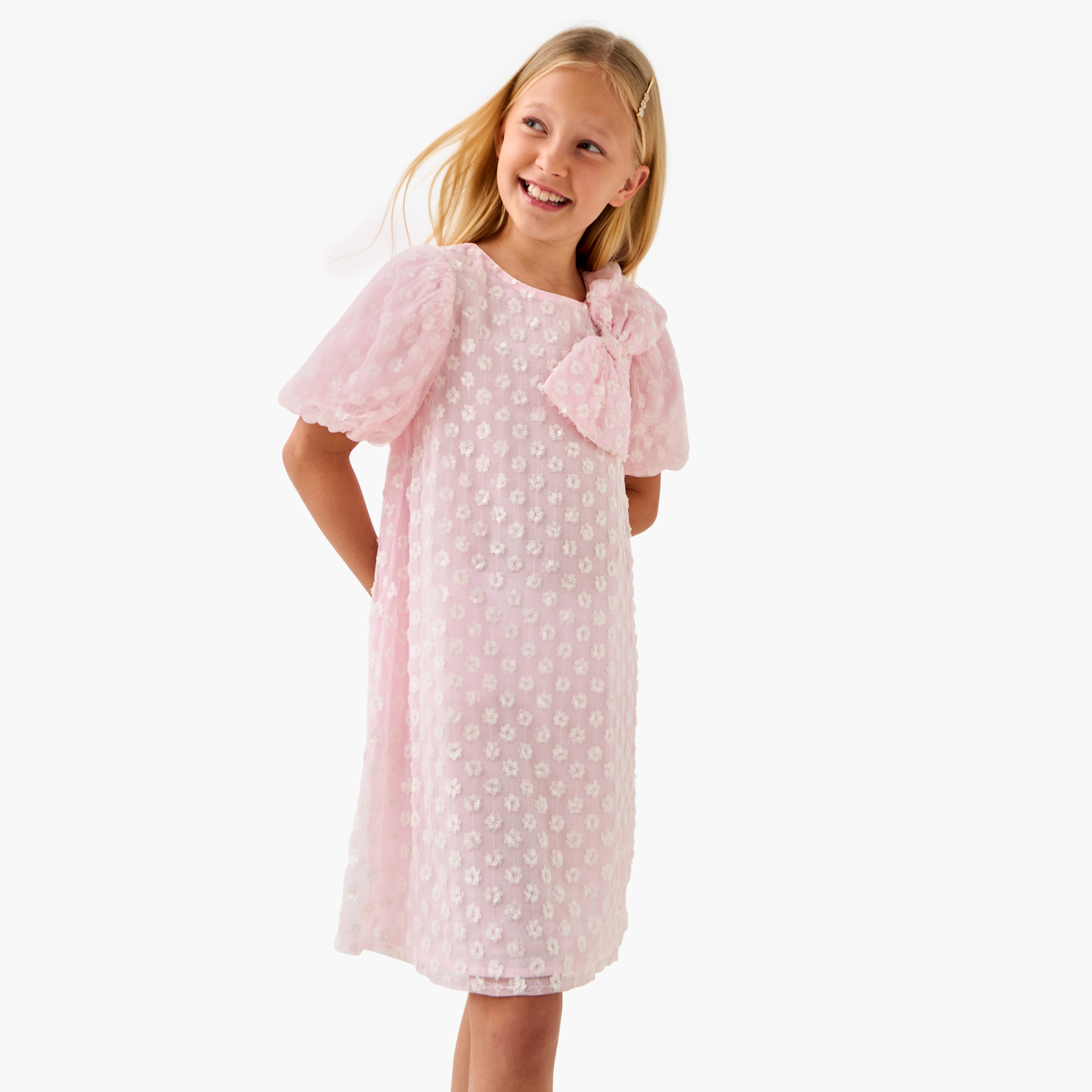 Juniors Embellished Dress with Bow Accent and Balloon Sleeves-girls-clothing-dressesandjumpsuits-image-1
