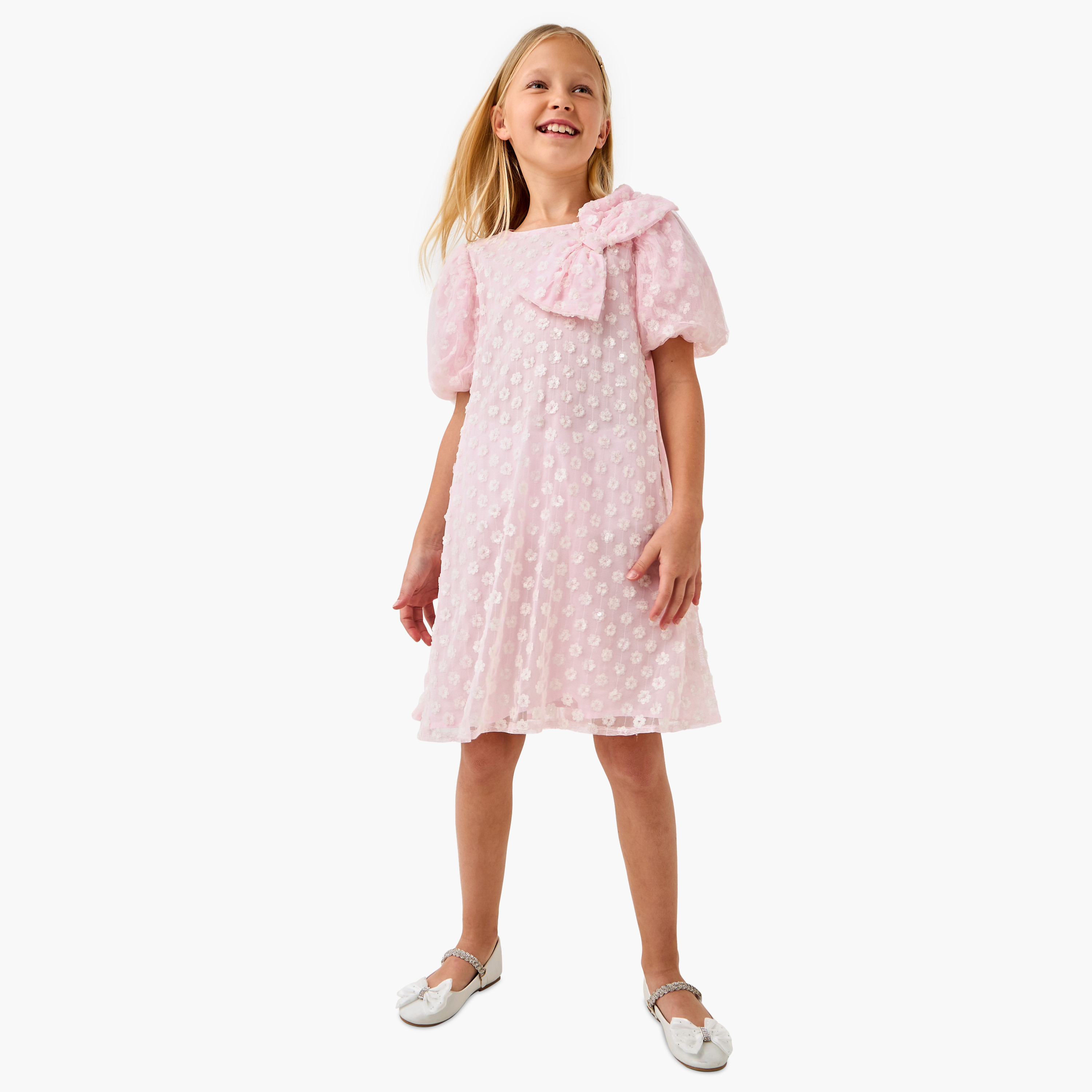 Juniors Embellished Dress with Bow Accent and Balloon Sleeves-girls-clothing-dressesandjumpsuits-image-2