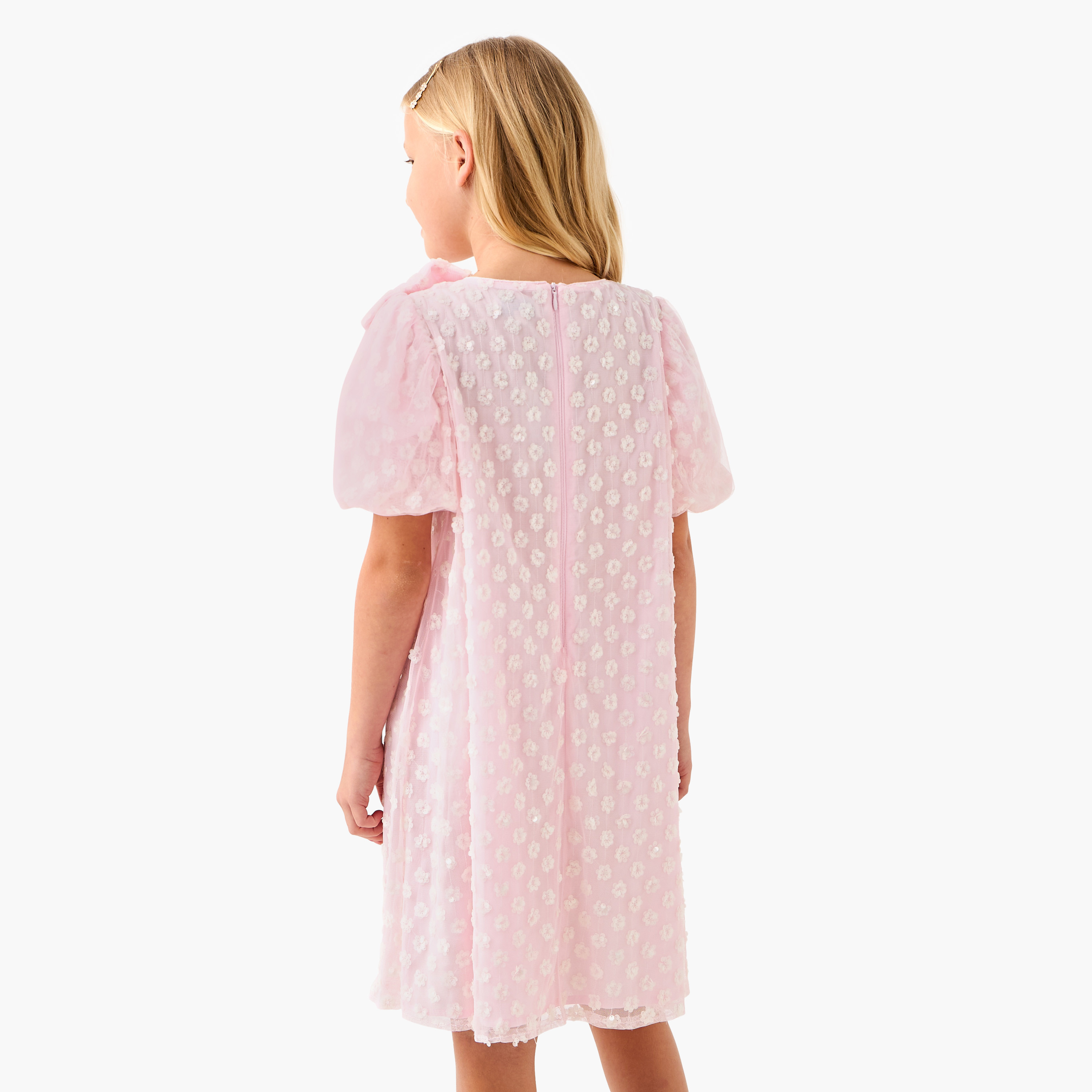 Juniors Embellished Dress with Bow Accent and Balloon Sleeves-girls-clothing-dressesandjumpsuits-image-3