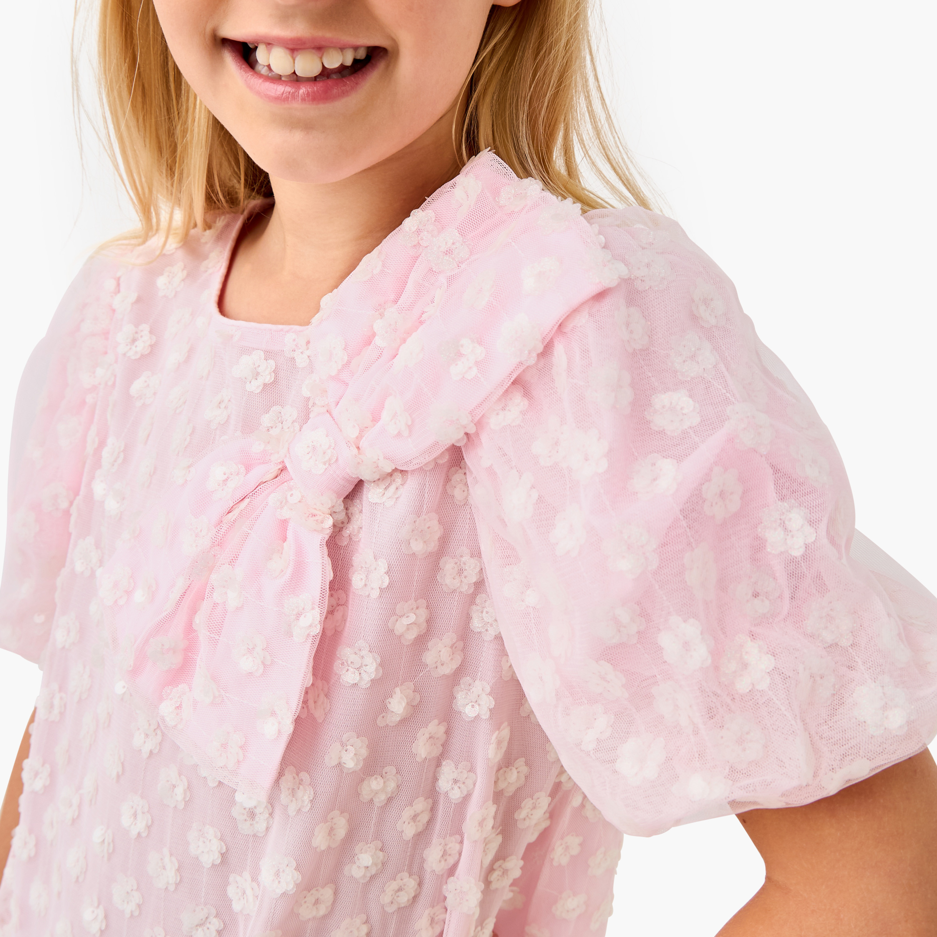 Juniors Embellished Dress with Bow Accent and Balloon Sleeves-girls-clothing-dressesandjumpsuits-image-4