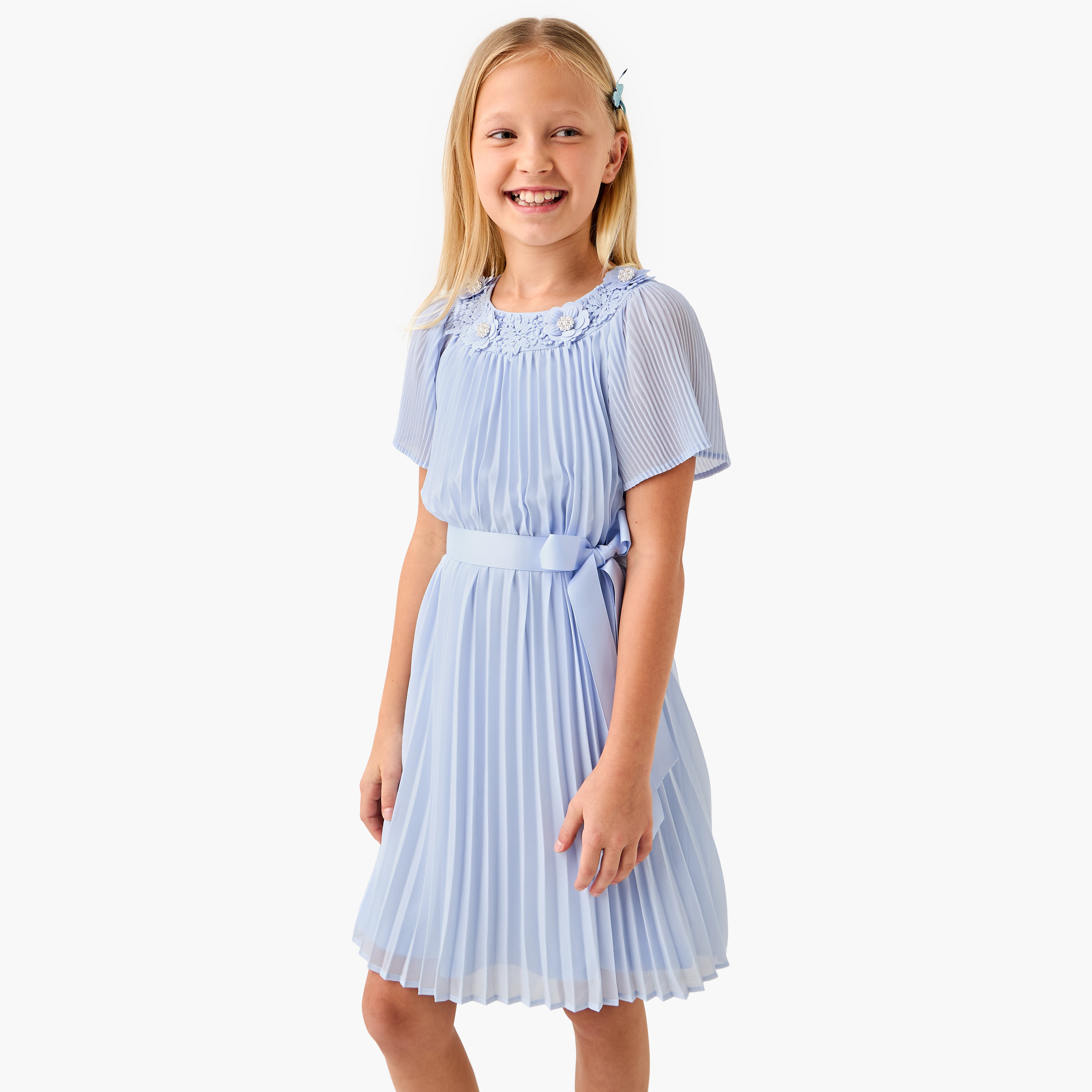 Juniors Pleated A-Line Dress with Tie-Up Belt and Short Sleeves-girls-clothing-dressesandjumpsuits-image-1