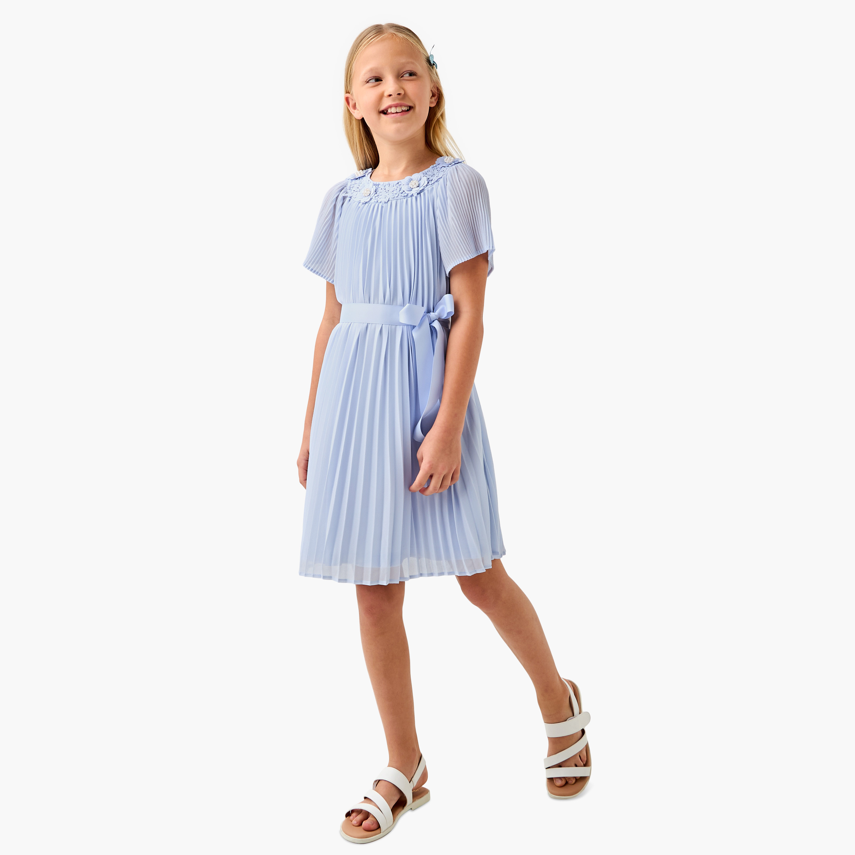 Juniors Pleated A-Line Dress with Tie-Up Belt and Short Sleeves-girls-clothing-dressesandjumpsuits-image-2