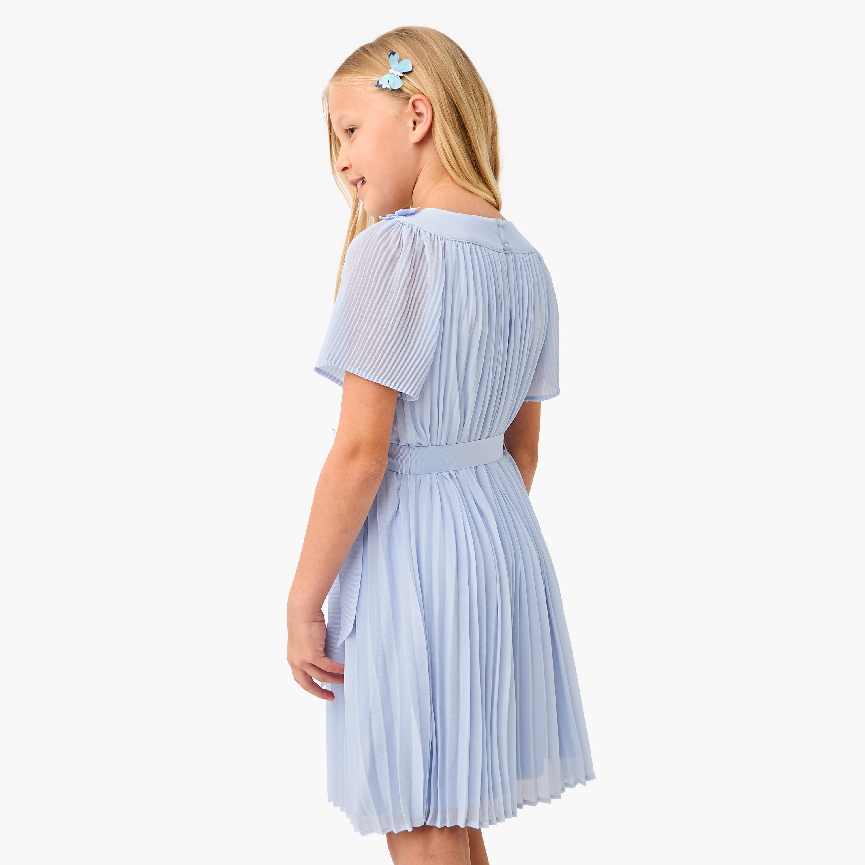 Juniors Pleated A-Line Dress with Tie-Up Belt and Short Sleeves-girls-clothing-dressesandjumpsuits-image-3