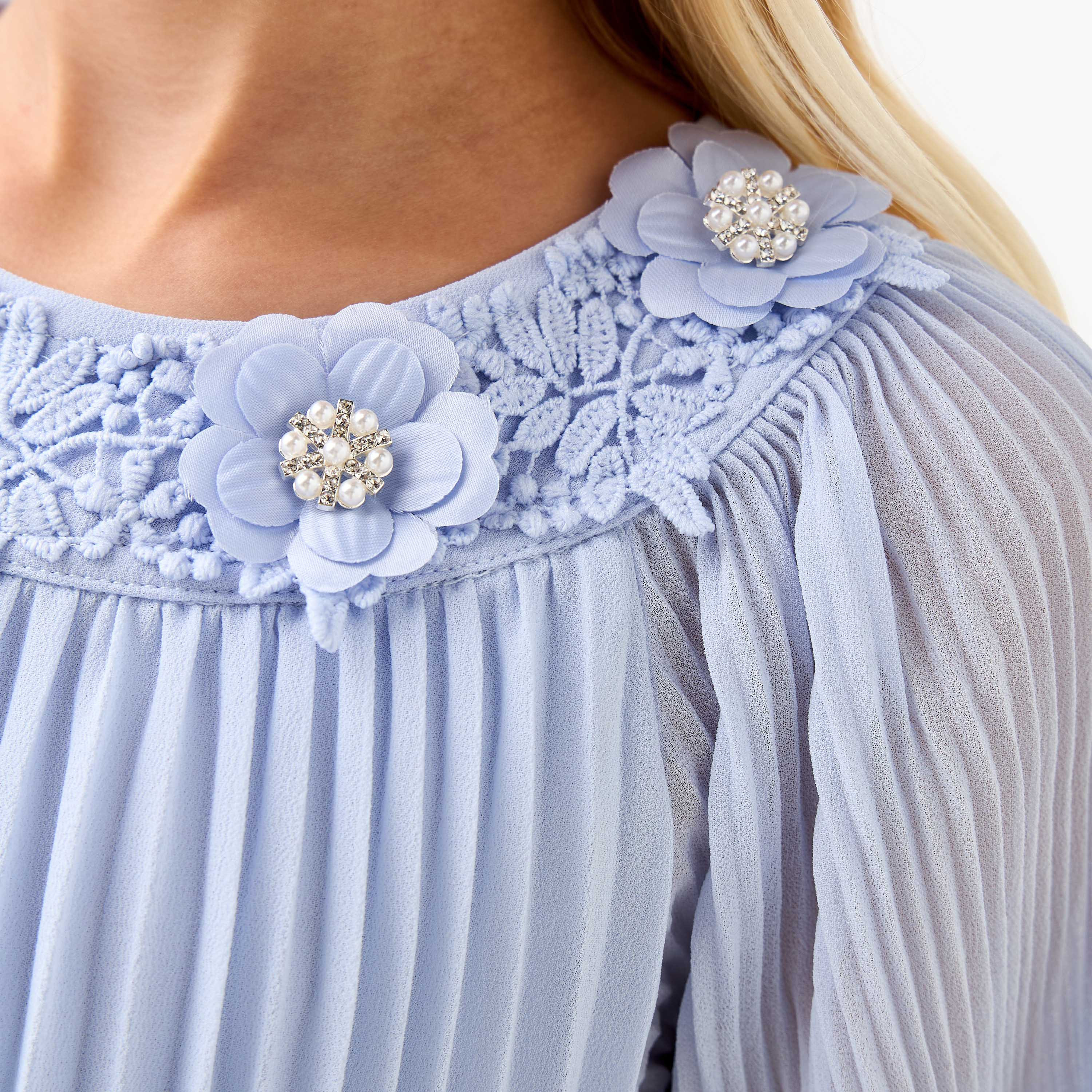 Juniors Pleated A-Line Dress with Tie-Up Belt and Short Sleeves-girls-clothing-dressesandjumpsuits-image-4