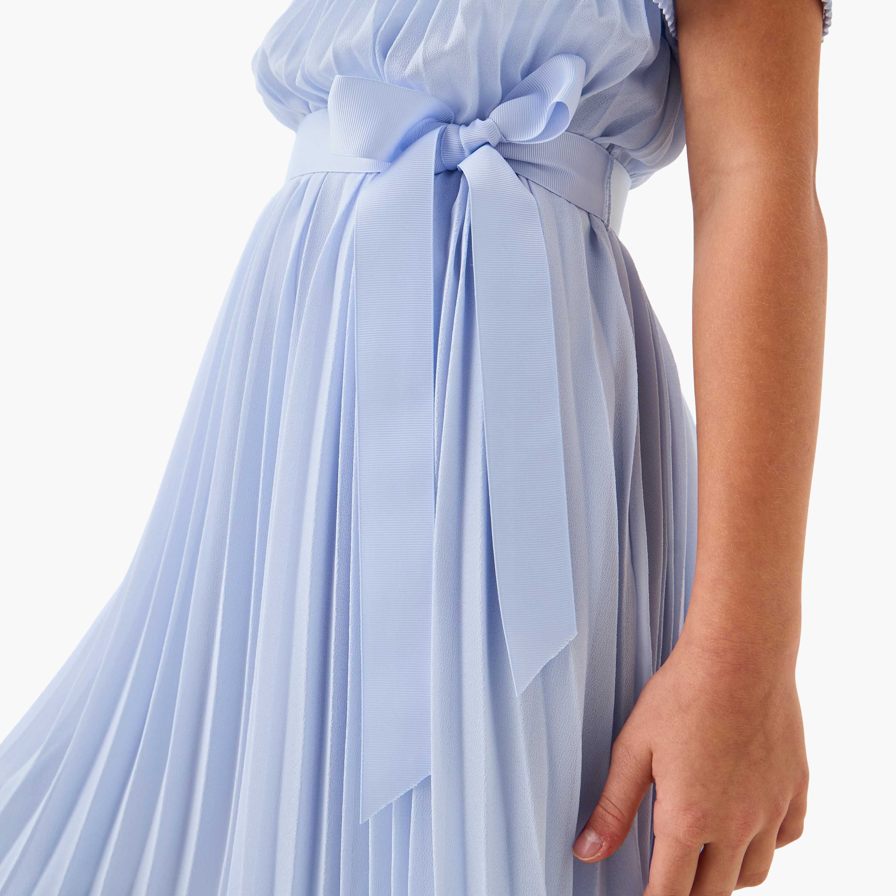 Juniors Pleated A-Line Dress with Tie-Up Belt and Short Sleeves-girls-clothing-dressesandjumpsuits-image-5