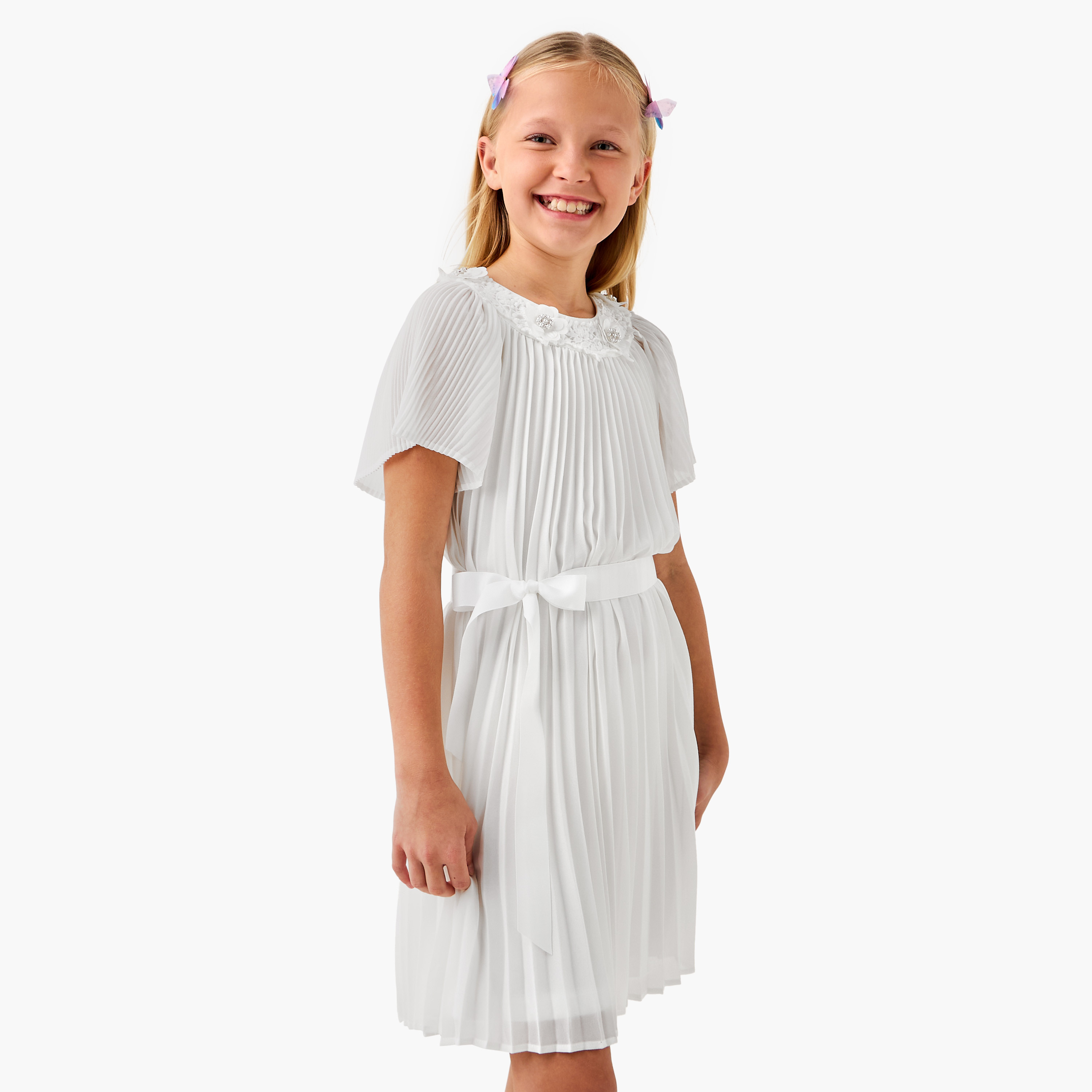 Juniors Pleated A-Line Dress with Tie-Up Belt and Short Sleeves-girls-clothing-dressesandjumpsuits-image-1