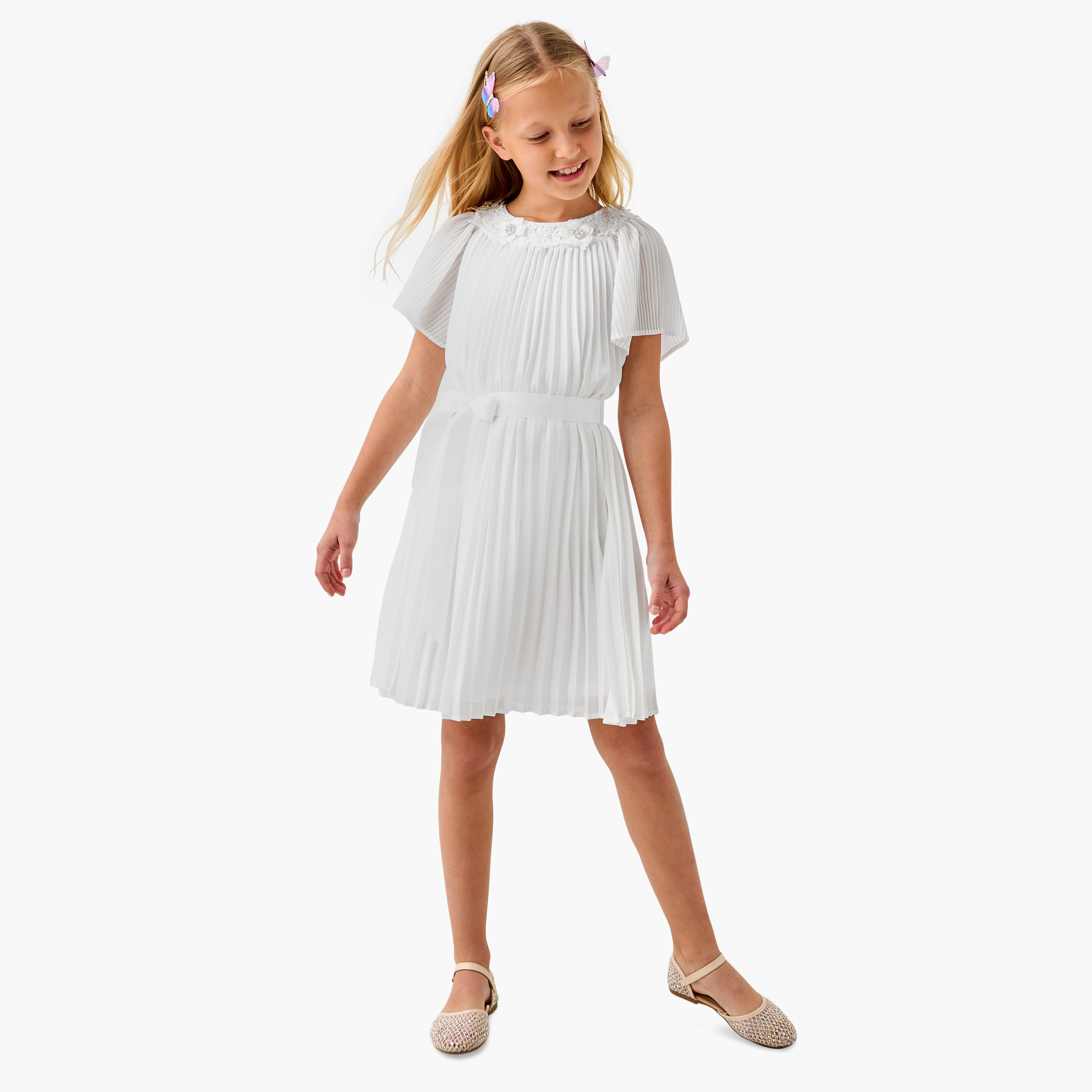 Juniors Pleated A-Line Dress with Tie-Up Belt and Short Sleeves-girls-clothing-dressesandjumpsuits-image-2