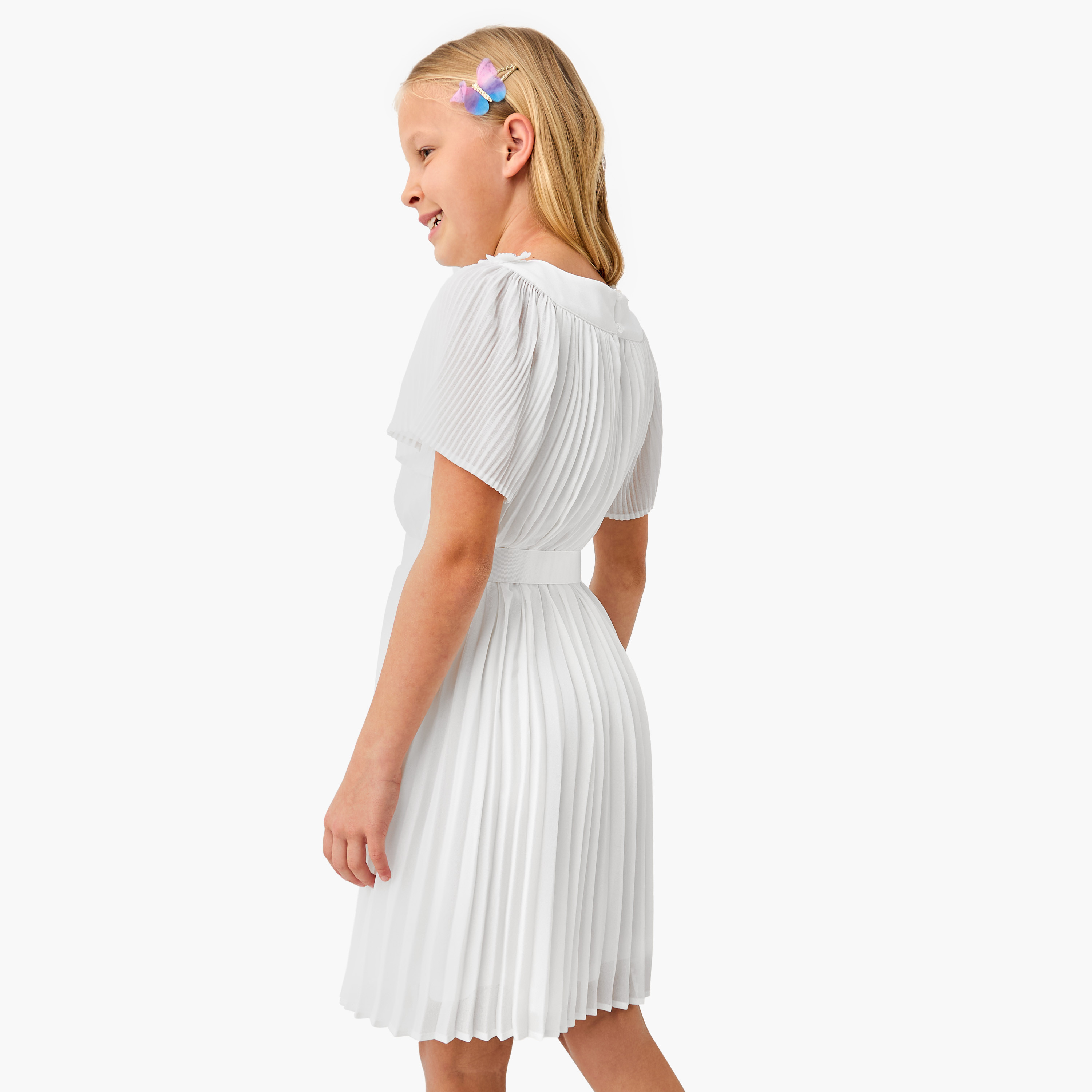 Juniors Pleated A-Line Dress with Tie-Up Belt and Short Sleeves-girls-clothing-dressesandjumpsuits-image-3