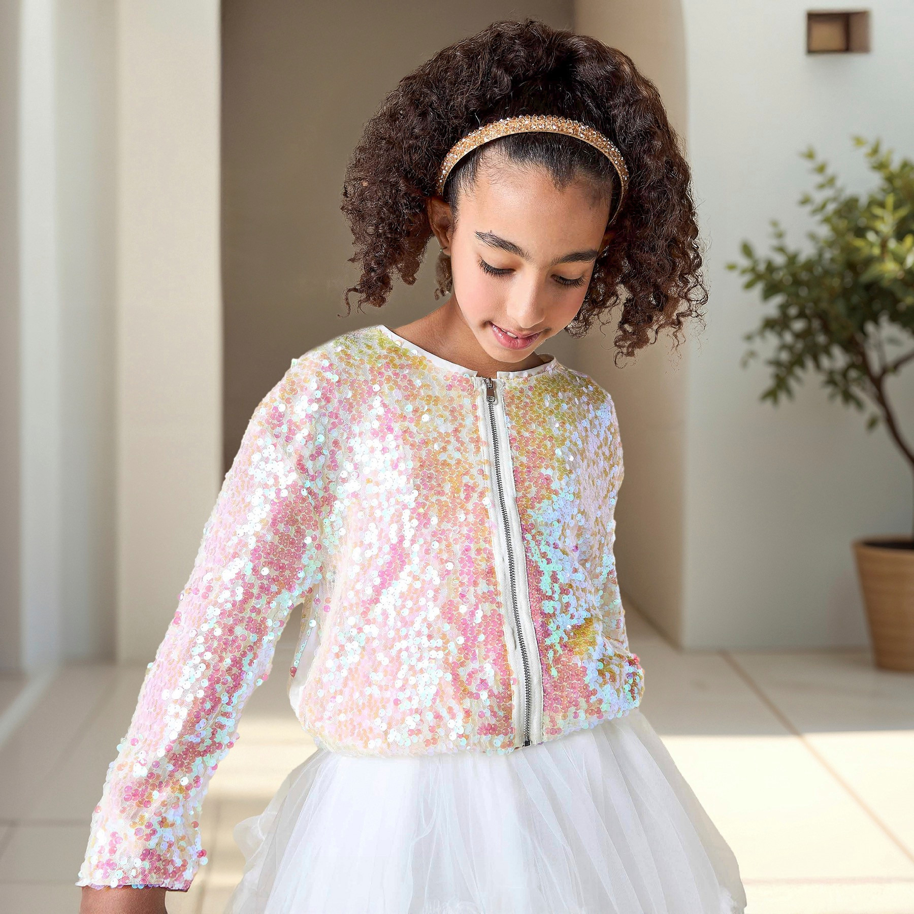 Juniors Sequin Embellished Jacket with Long Sleeves and Zip Closure-girls-clothing-winterwear-jacketsandcoats-image-1